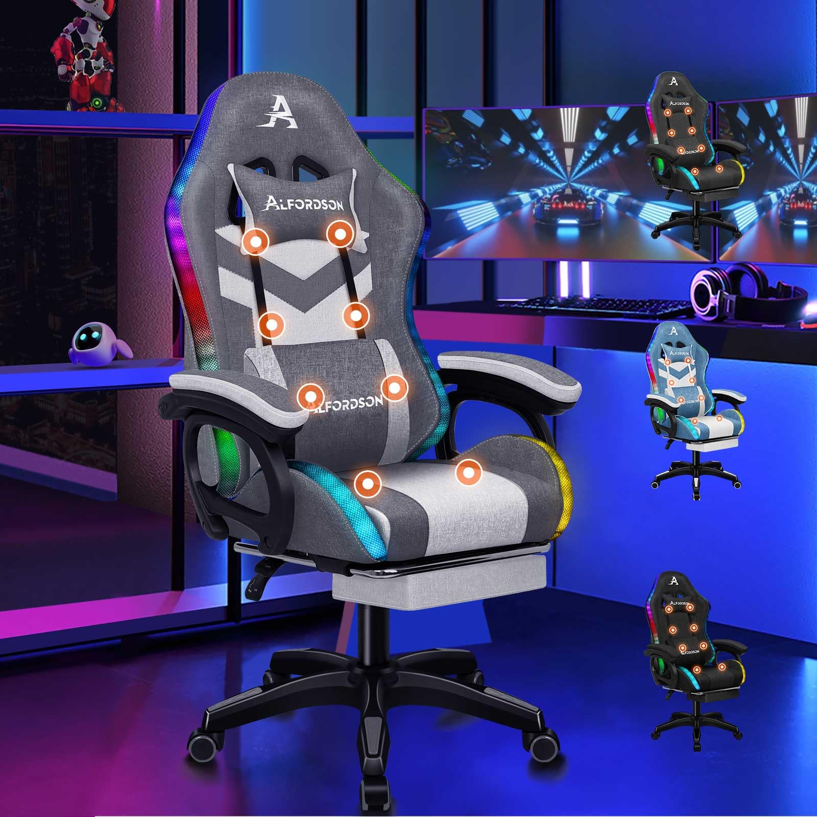ALFORDSON Sedia da Gaming con LED, Sedia Gamer con Massaggio a 8 Punti, Sedia da gioco ergonomica con Illuminazione RGB con Supporto Lombare e Poggiatesta, Materiale in tessuto, Giunzione Grigia