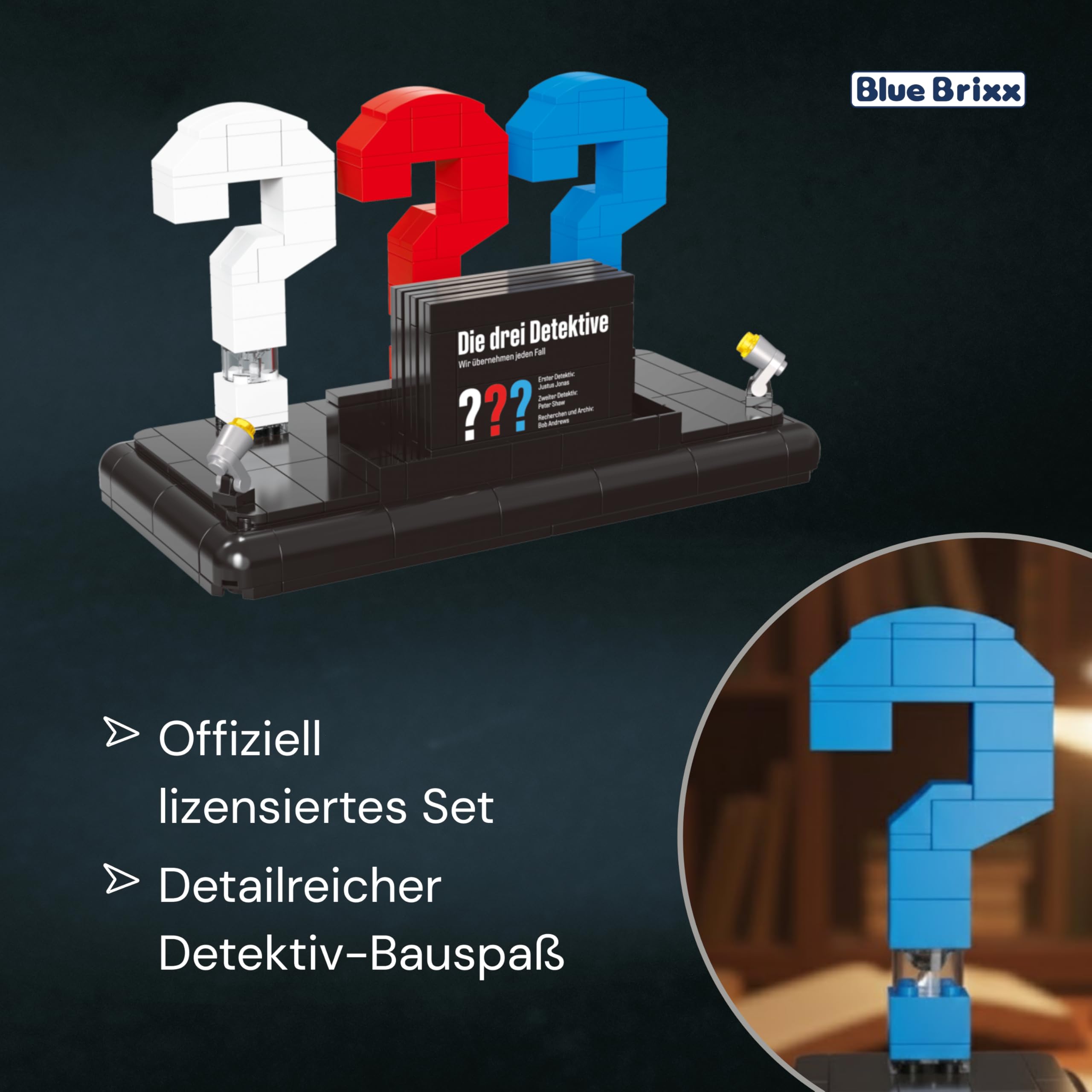 BlueBrixx Pro 108480 – Die DREI ???: 3D-Logo mit Visitenkarte aus Klemmbausteinen mit 200 Bauelementen