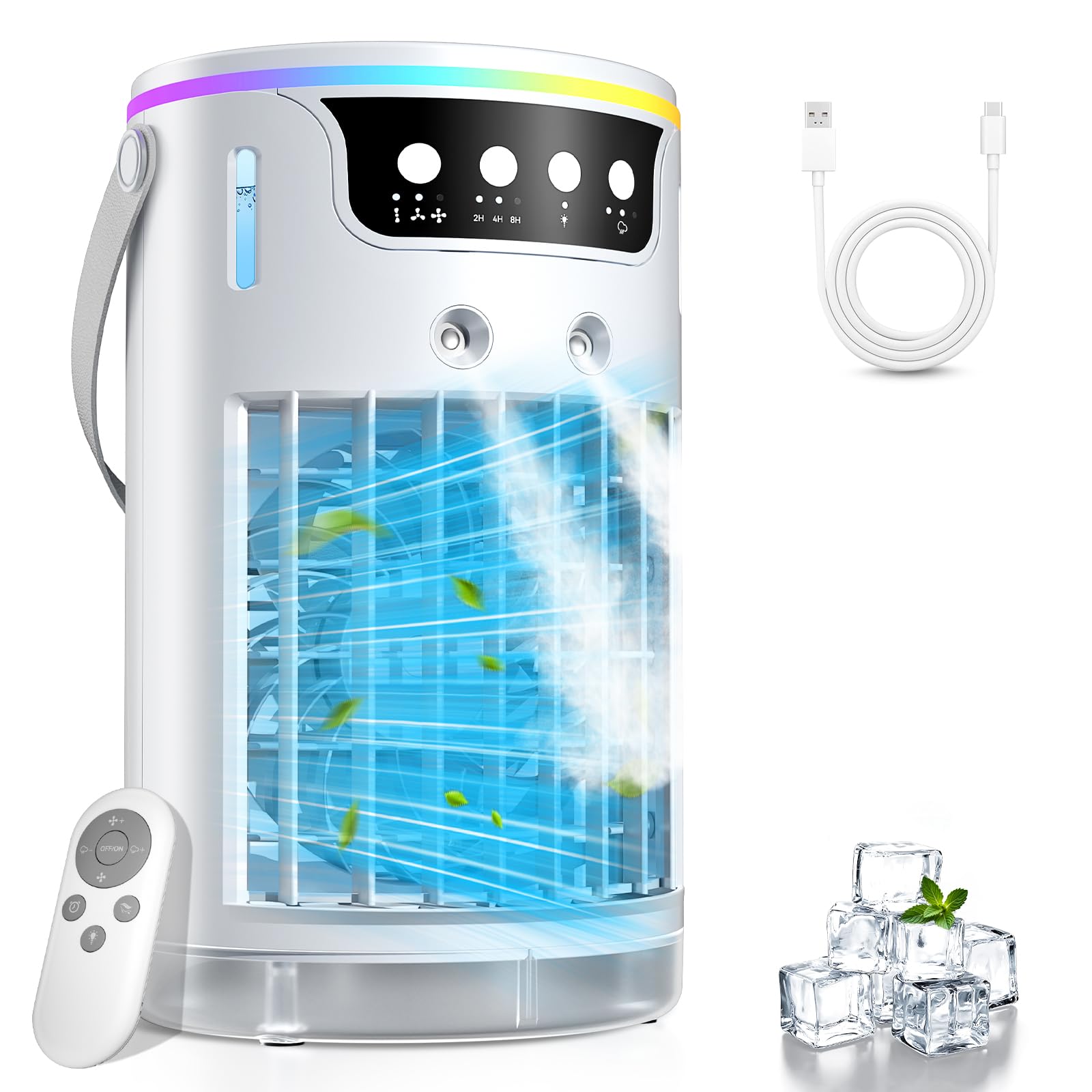 Mobile Klimaanlage, USB 4 In1 Mobile Klimagerät mit 3 Stufe Eis-Kühlnebel, Für Büro Zimmer und Schreibtisch, 1200 ML Tragbare Mini Luftkühler mit 2-8H Timer, 3 Geschwindigkeiten, 7 Farben Nachtlicht
