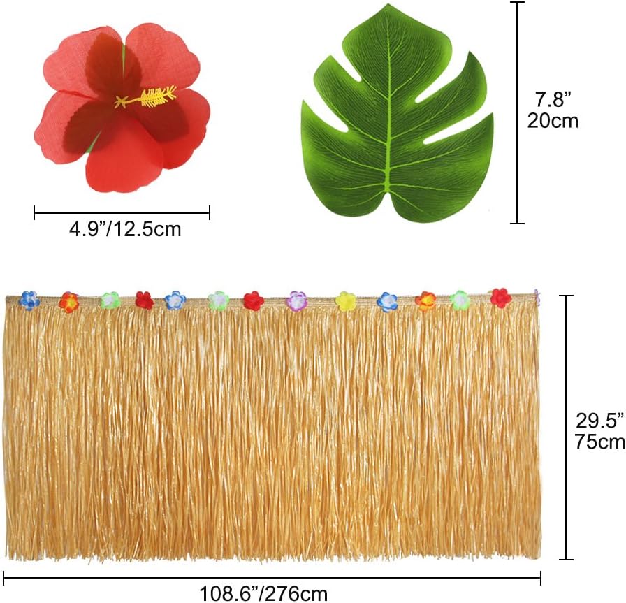🔥 Flash Sale HEHALI Hawaiian Luau Party Supplies Set, 1 Pack Yellow Hawaiian Grass Table Skirt, with 12pcs 8 Inches Tropical Palm Monstera Leaves and 30pcs Hibiscus Flowers (5pcs Adhesive Hook & Loop Tapes)