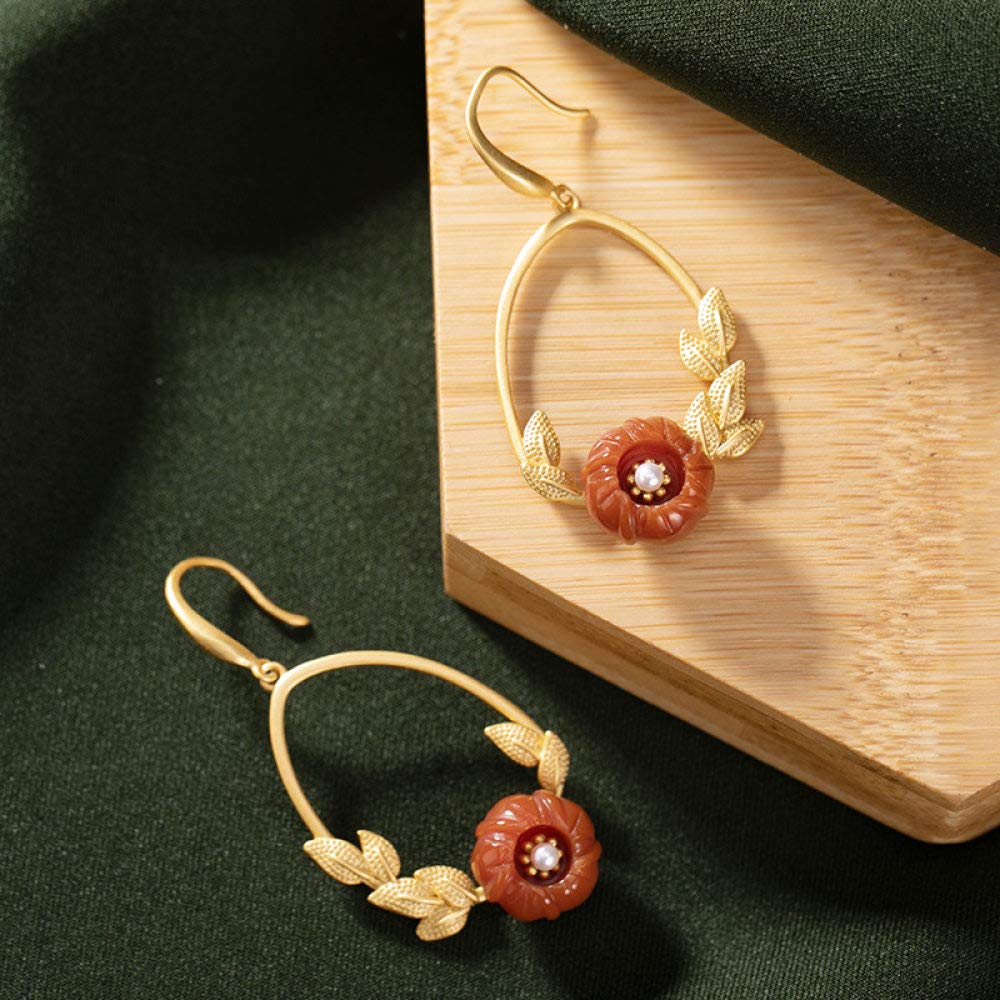Vintage Aretes Largos S925 Mujeres Plata Chapada En Oro De Ágata Natural Lotus Encanto Elegante De Estilo Chino De Gama Alta De Temperamento Temperamento Don