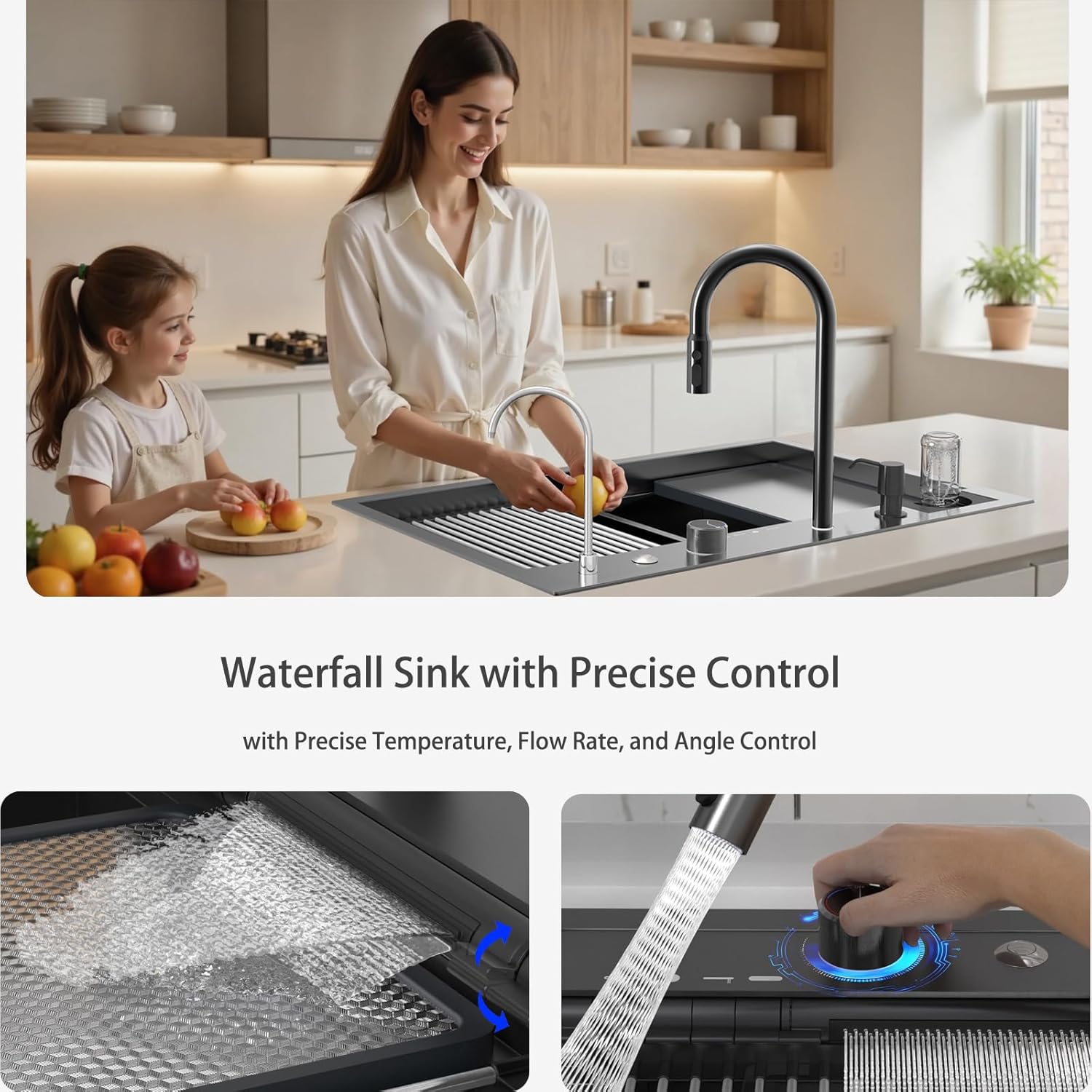 33x22 inch Drop In Kitchen Sink with Waterfall Workstation 16 Gauge Stainless Steel Single Bowl Nano Gunmetal Black (Black, 33"x22"x10)