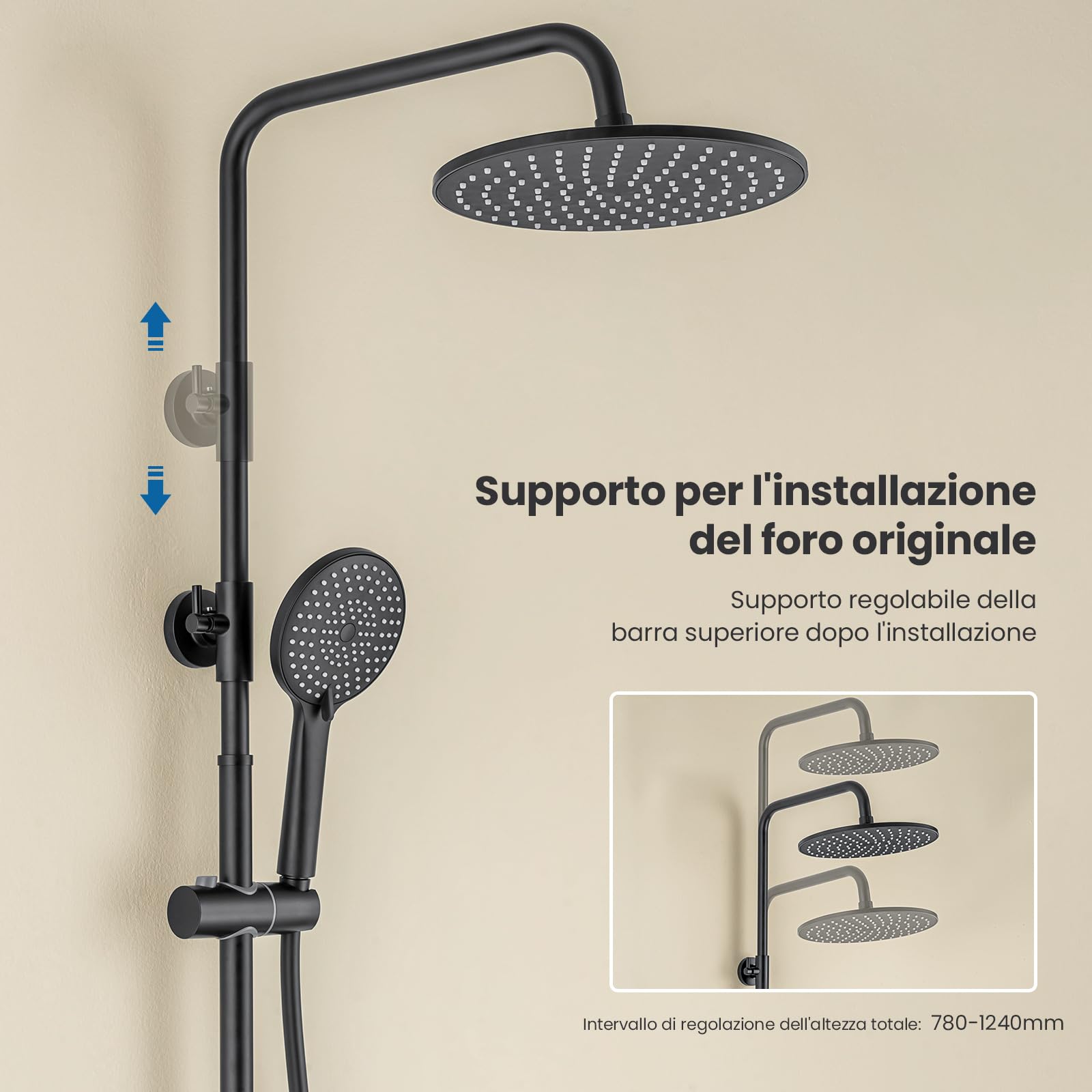 Auralum Colonna Doccia con Miscelatore, Saliscendi Doccia con Soffione Altezza Regolabile, Asta Doccia Acciaio Inox, Miscelatore Doccia Esternoe, Nera