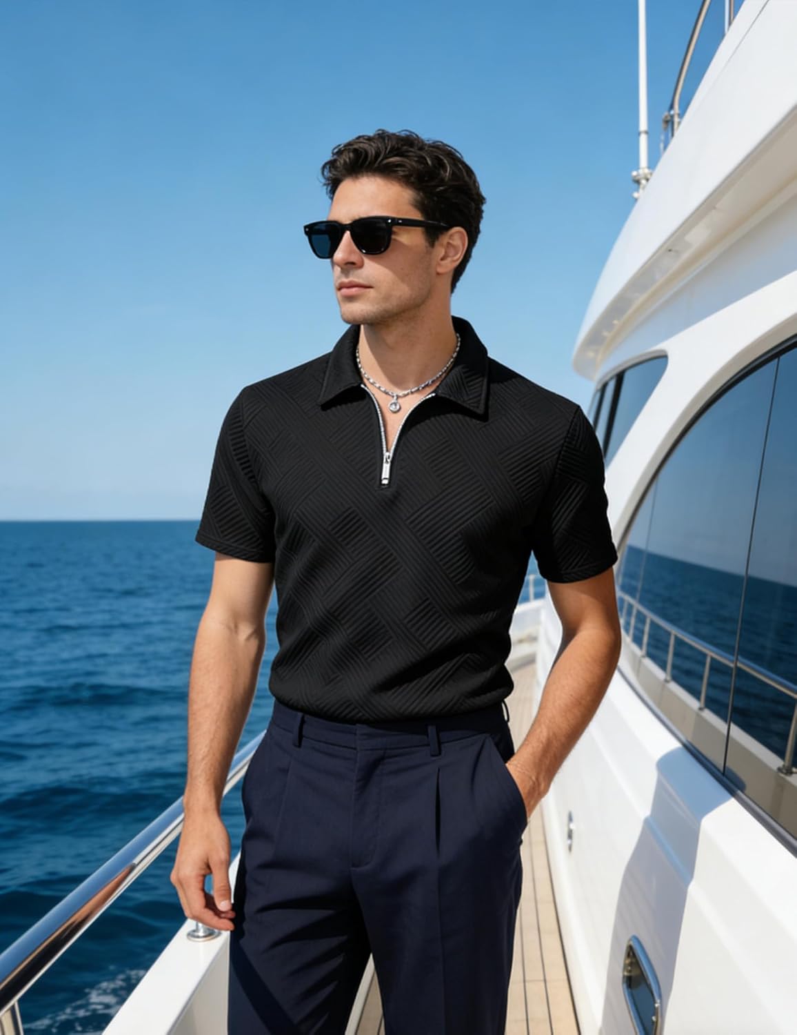 UOUA Men's Zipper Polo Shirts Short Sleeve Sweatshirts Soild Color Tops Striped Texture Casual Golf T - Image 4