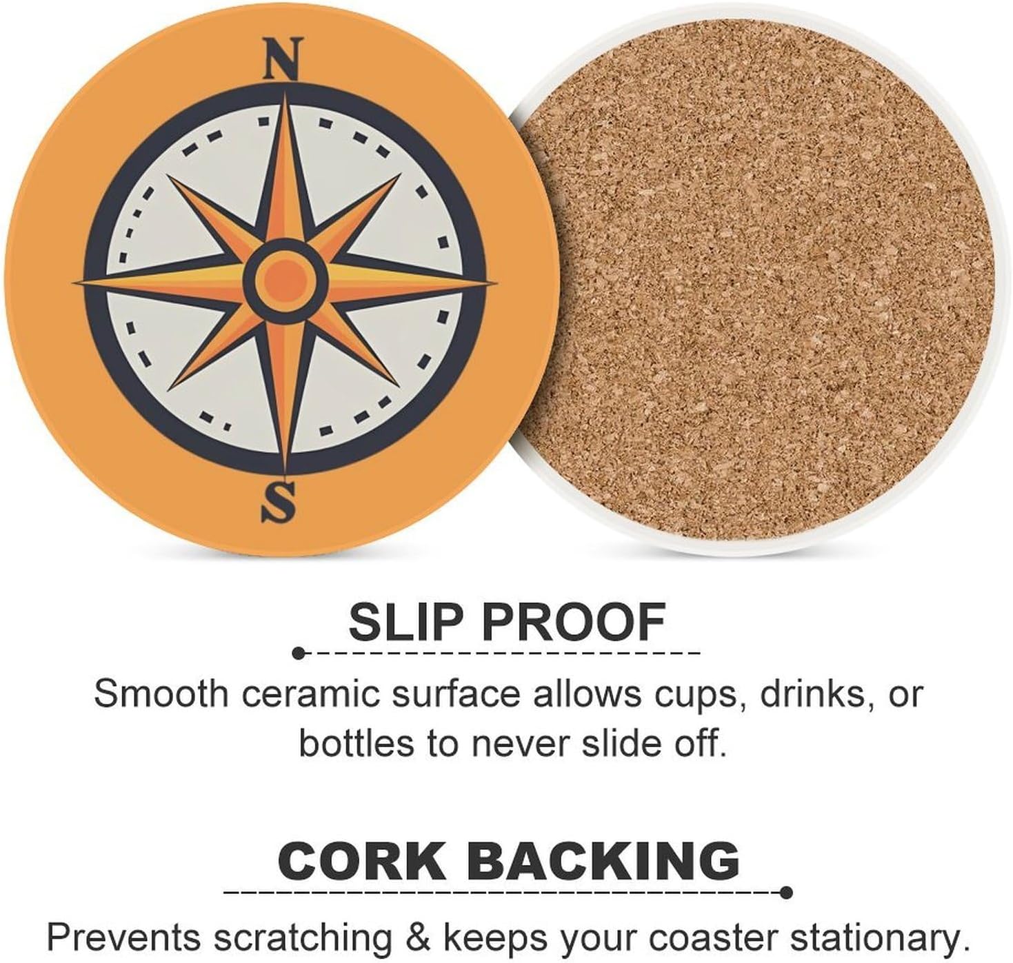 Nautical Compass Round Ceramic Coasters for Drinks Absorbent Cup Holder Tabletop Protector with Cork Base
