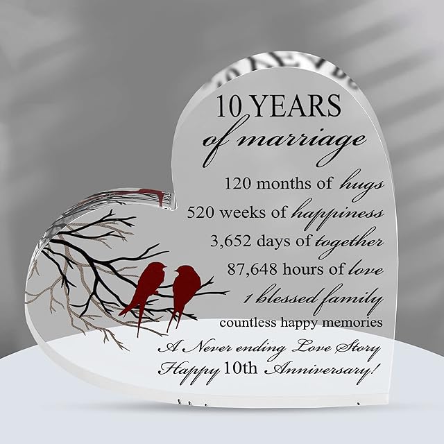 10th Anniversary Present for Him and Her - Tin Wedding Anniversary Present for Couple - Unique Acrylic Heart-Shaped Keepsake for 10 Anniversary