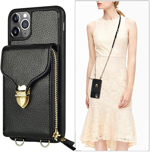 JLFCH - Funda tipo cartera para iPhone 11 Pro Max, funda cruzada con cremallera y ranura para tarjetas, correa de muñeca, cadena de hombro, bolso de