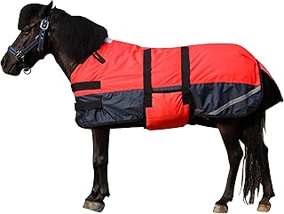 Leberna Tapis d'hiver pour poulain et mini cheval – Couverture 300D respirante pour cheval de sevrage miniature avec bande ventrale (garnissage 150 g) (rouge fluo, taille L (1,9 m à 1,2 m)