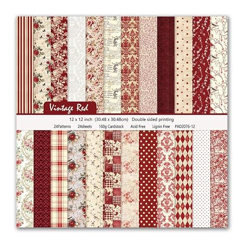 Kauzon Vintage Scrapbook Paper 12'' x 12'' Double Sided Printing Red Floral Patterned Paper for DIY Card Making Valentine Scrapbooking Photo Album