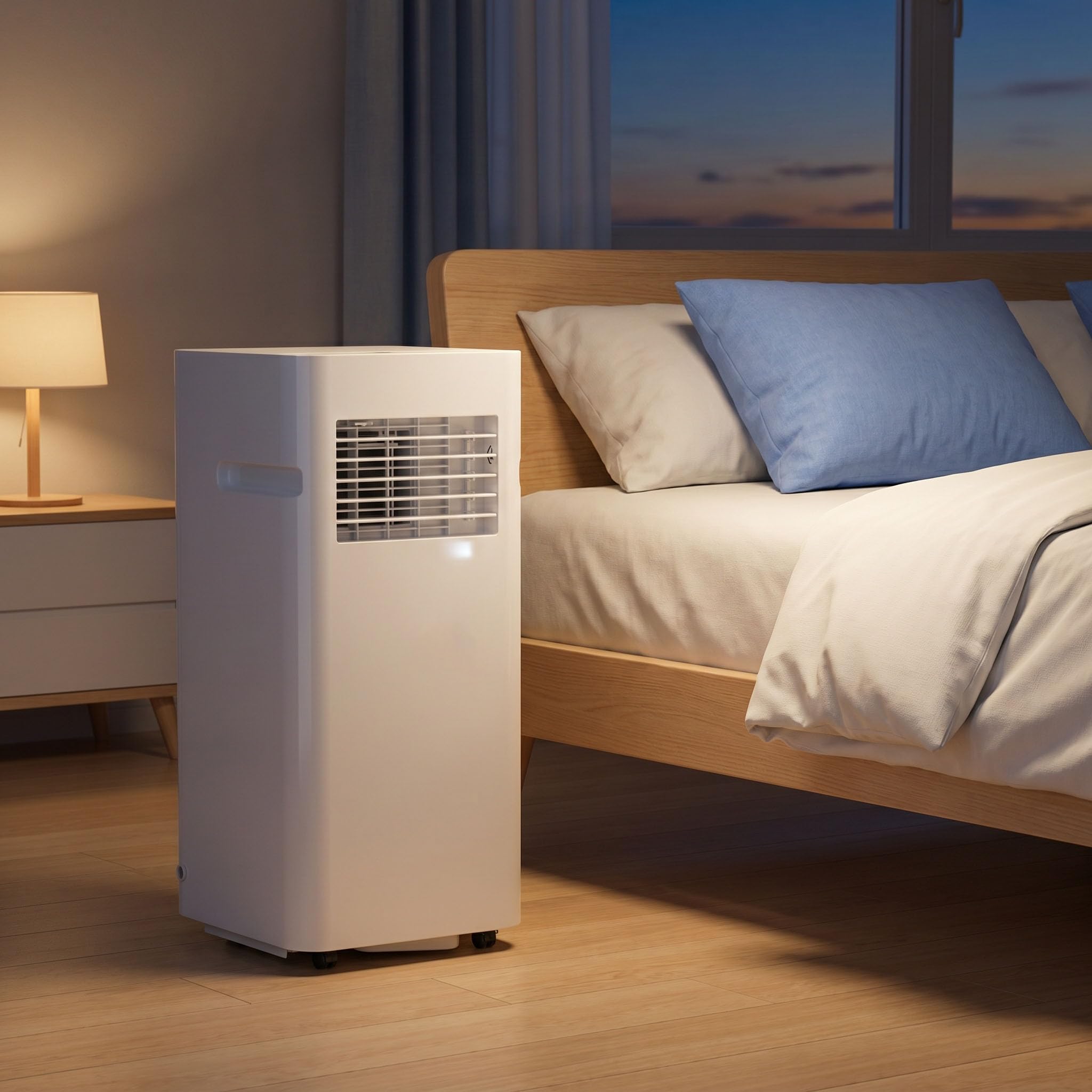 Aire acondicionado portátil de 12000 BTU, refrigeración y deshumidificador eficientes, funcionamiento silencioso, pantalla digital, temporizador de 24 horas, cubre hasta 300 pies cuadrados.