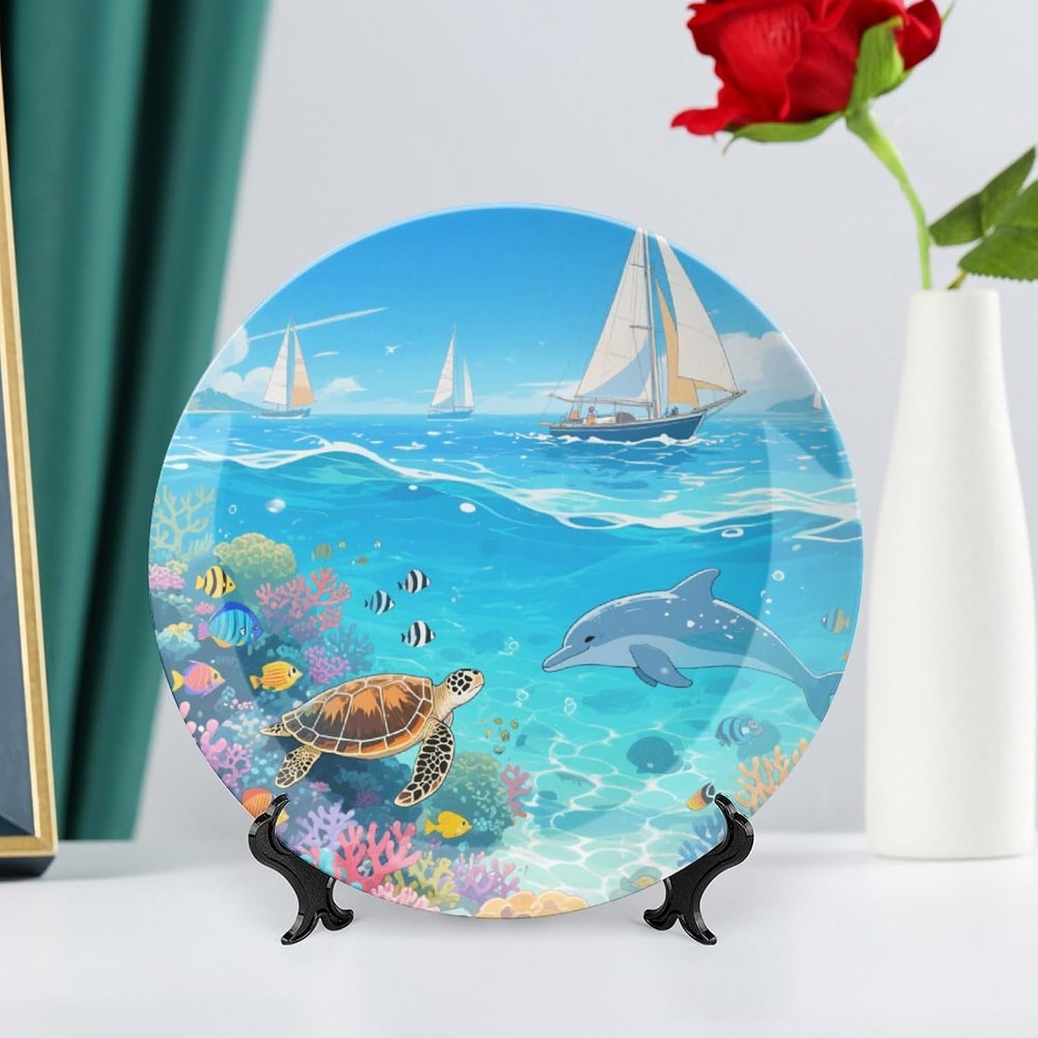 Bone China Decorative Plates Coral Reef Sea Ceramic Decorative Plate Wall Decor with Display Stand Ceramic Ornaments for Wall Hanging Decoration