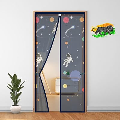 LifeKrafts Polyester Door Mosquito Net with Magnets | Color Planet Theme with Dark Blue Background | Mosquito Curtain fo