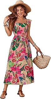 Women's Summer Tropical Midi Dresses Square Neck Beach A-Line Sun Casual...