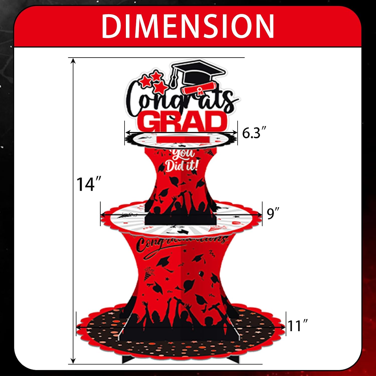 Graduation Cupcake Stand Decoration, 3 Tier Congrats Grad Party Cupcake Holder Tower, Cardboard Grad Theme Dessert Cookies Stand for Graduation Party Supplies Favors (Red & Black) image 2