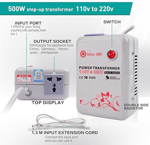 Miniatura 3 de SUNSHUN Transformador elevador de 110 V a 220 V, 500 W, convertidor de voltaje elevador de 110 V-120 V a 220 V-240 V con protección de control de