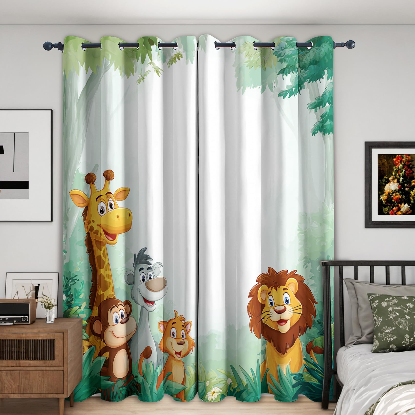 Kids Jungle Animal Blackout Curtains, 90 Drop, Cute Cartoon Lion Giraffe Monkey Printed Curtains for Living Room, Bedroom, Eyelet Drapes for Window Home Decor, 66x90 Inch 2 Panels (N-375) โ image 1