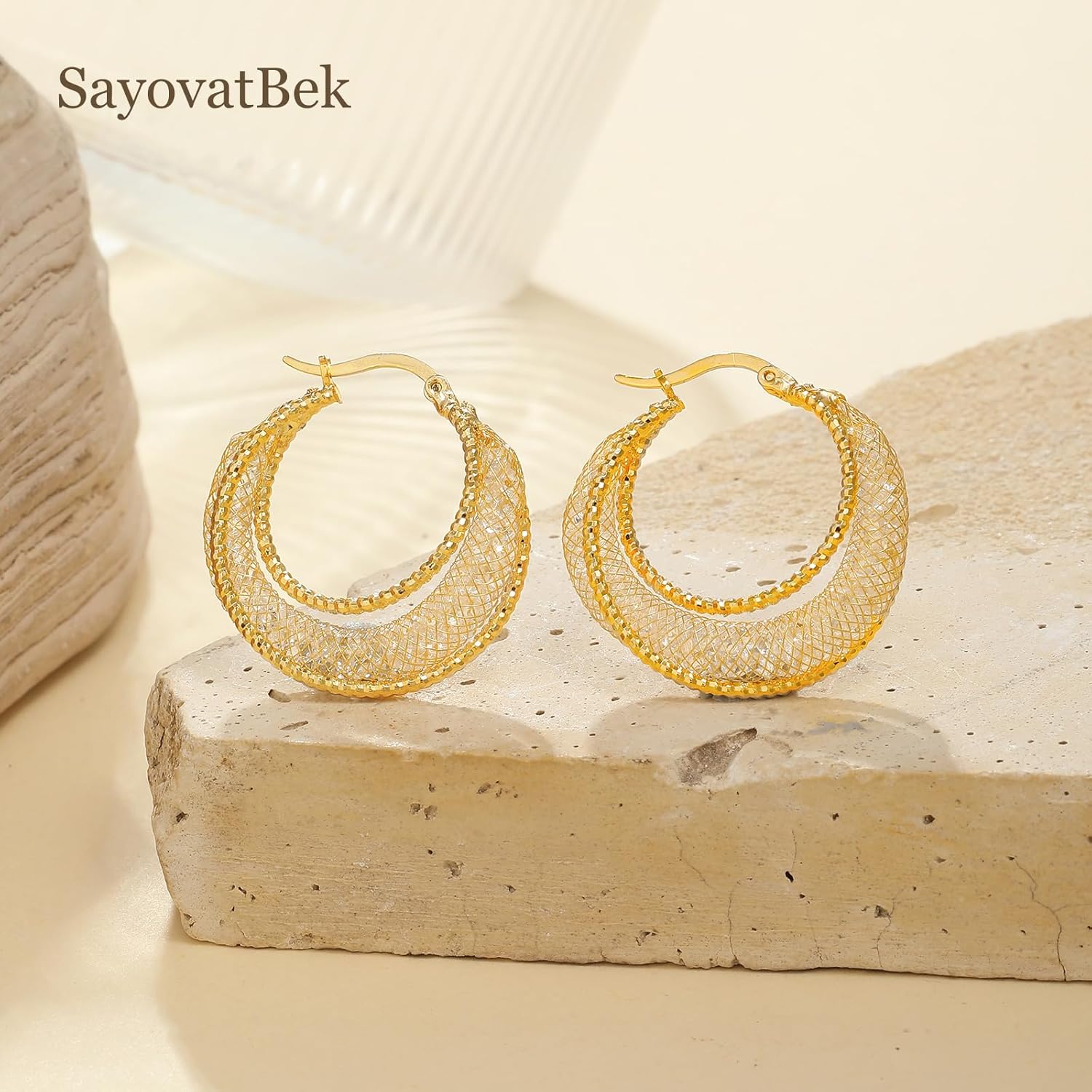 14K Gold Plated 23.5–30mm Lightweight Mesh Hoop Earrings for Women, Cubic Zirconia, 925 Sterling Silver Post, Hypoallergenic - Image 5