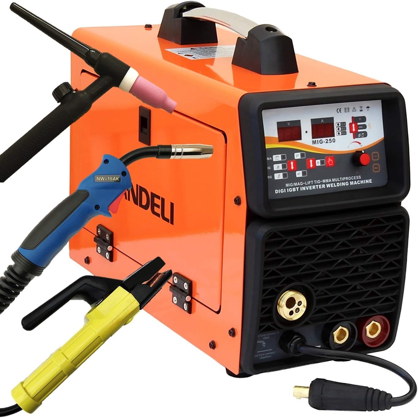 250AMP MIG/MAG/Flux/Lift TIG/MMA 5 in 1 MULTIPROCESS IGBT DC Inverter Welder with MIG Torch TIG Torch and Accessories, Digital Control