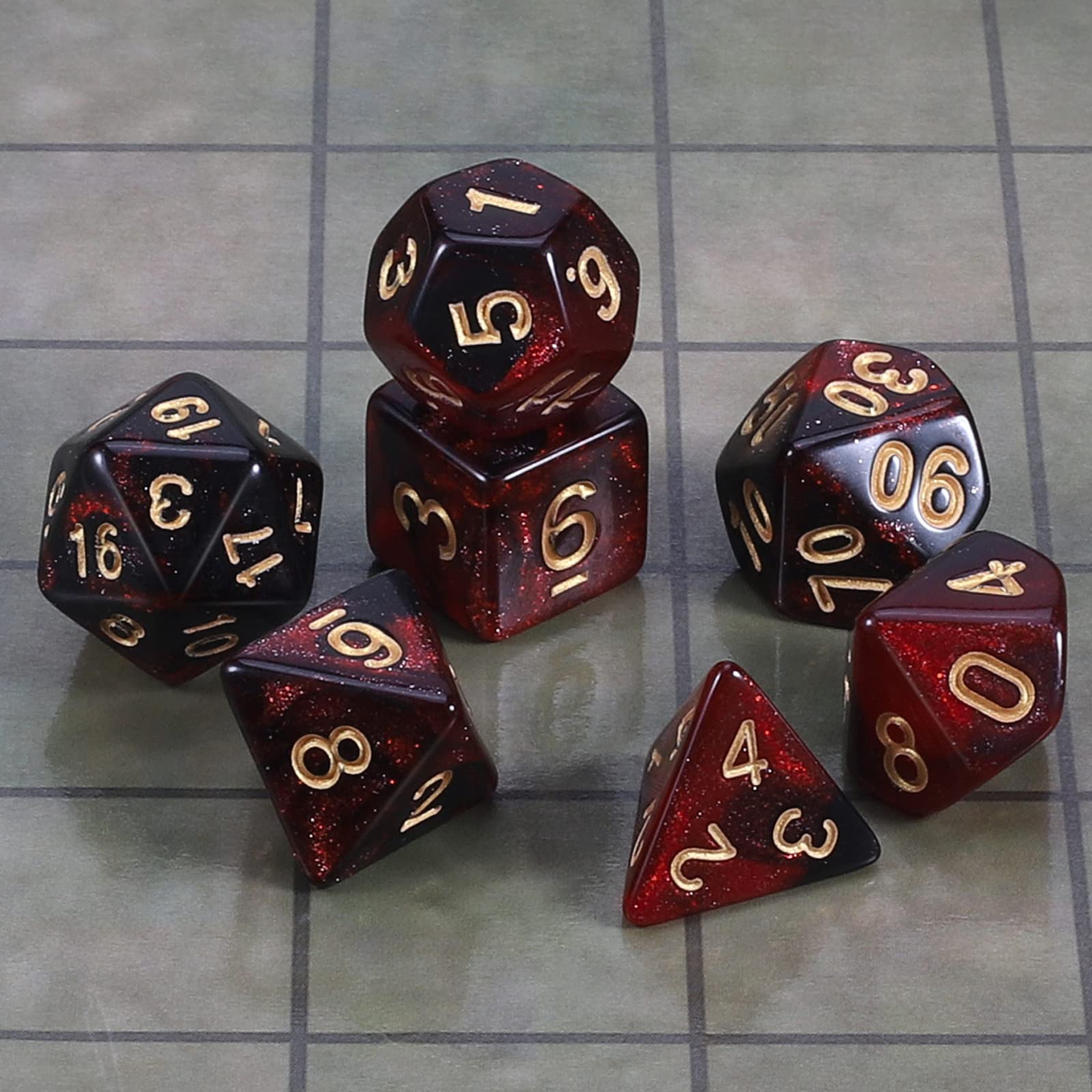 QMAY DND Dice Polyedrisches Würfel Set - 7 Stück für Dungeon und Dragons MTG RPG D&D D20, D12, D10, D%, D8, D6, D4 (Rot und Schwarz) - 2