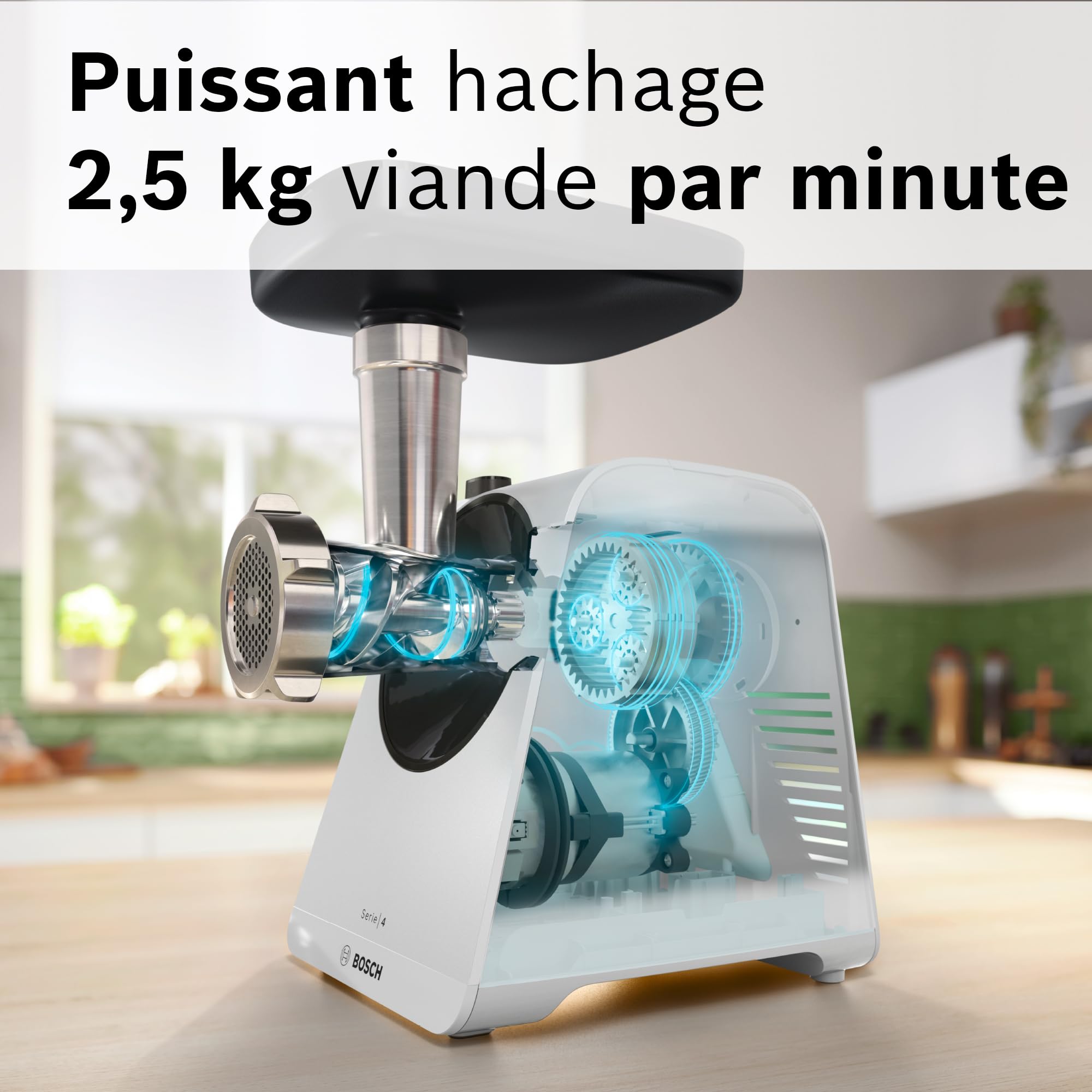 Bosch Maszynka do mielenia MultiPower Serie 4 MFWS420W, 1900 W, funkcja Revers, metalowa komora, Biały/Czarny