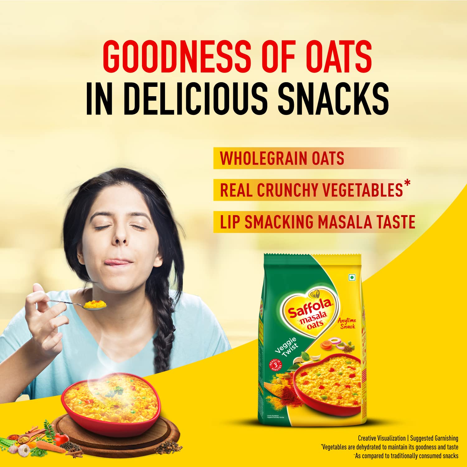 Saffola Spicy (Masala) Oats, Ready in 3 Minutes, 3 Different Flavors - Veggie Twist, Curry & Pepper, Masala and Coriander, Delicious Healthy Breakfast - Pack of 6 (2 Flavors Each)