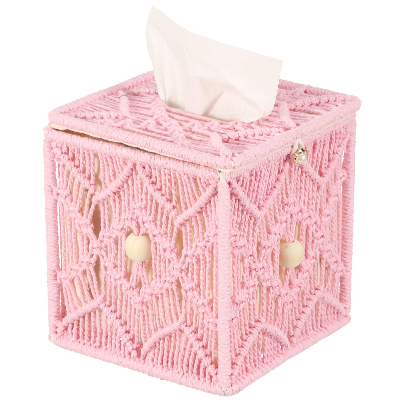Tissue Box Cover,Woven Square Tissue Box Holder, 15×14×14 cm Bohemian Handmade Woven Tissues Cube Boxes for Bathroom Bedroom Dresser Living Room Office Dorm(Pink)