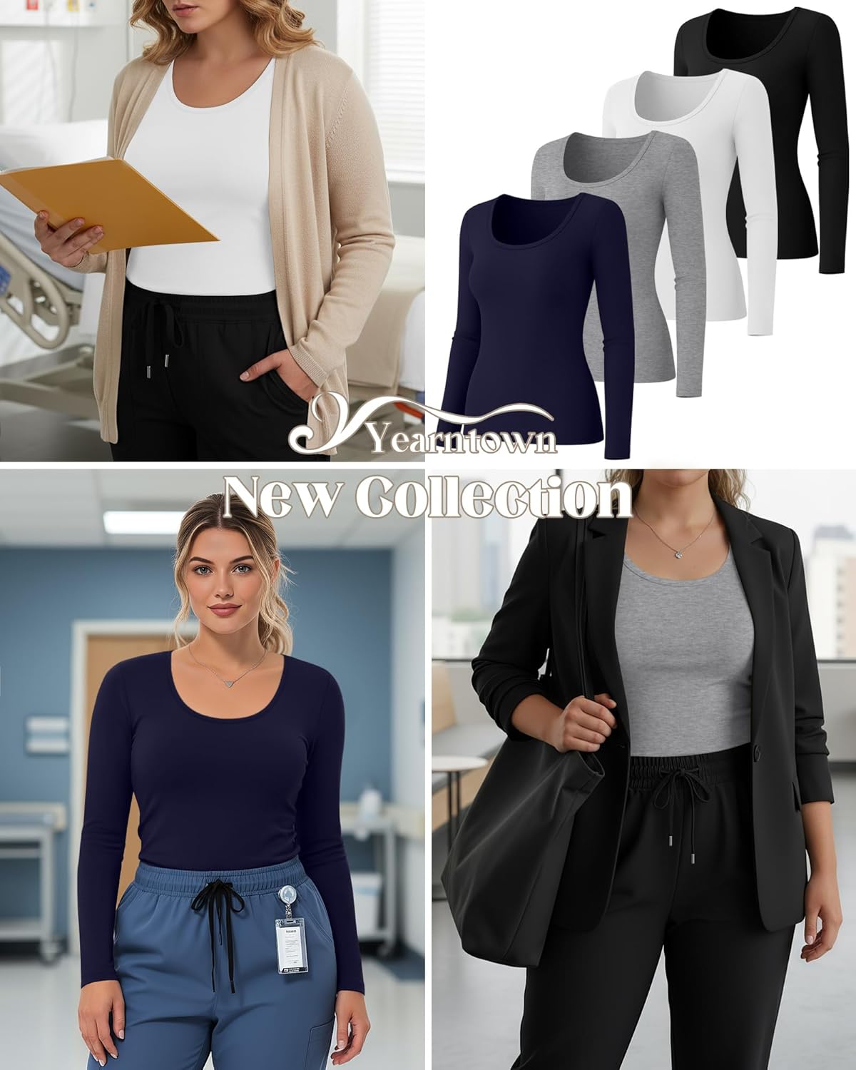 4 Pack Plus Size Underscrub Long Sleeve for Women, Cotton Blend Scoop Neck Undershirts, Nurse Fitted Basic Tops - Image 2