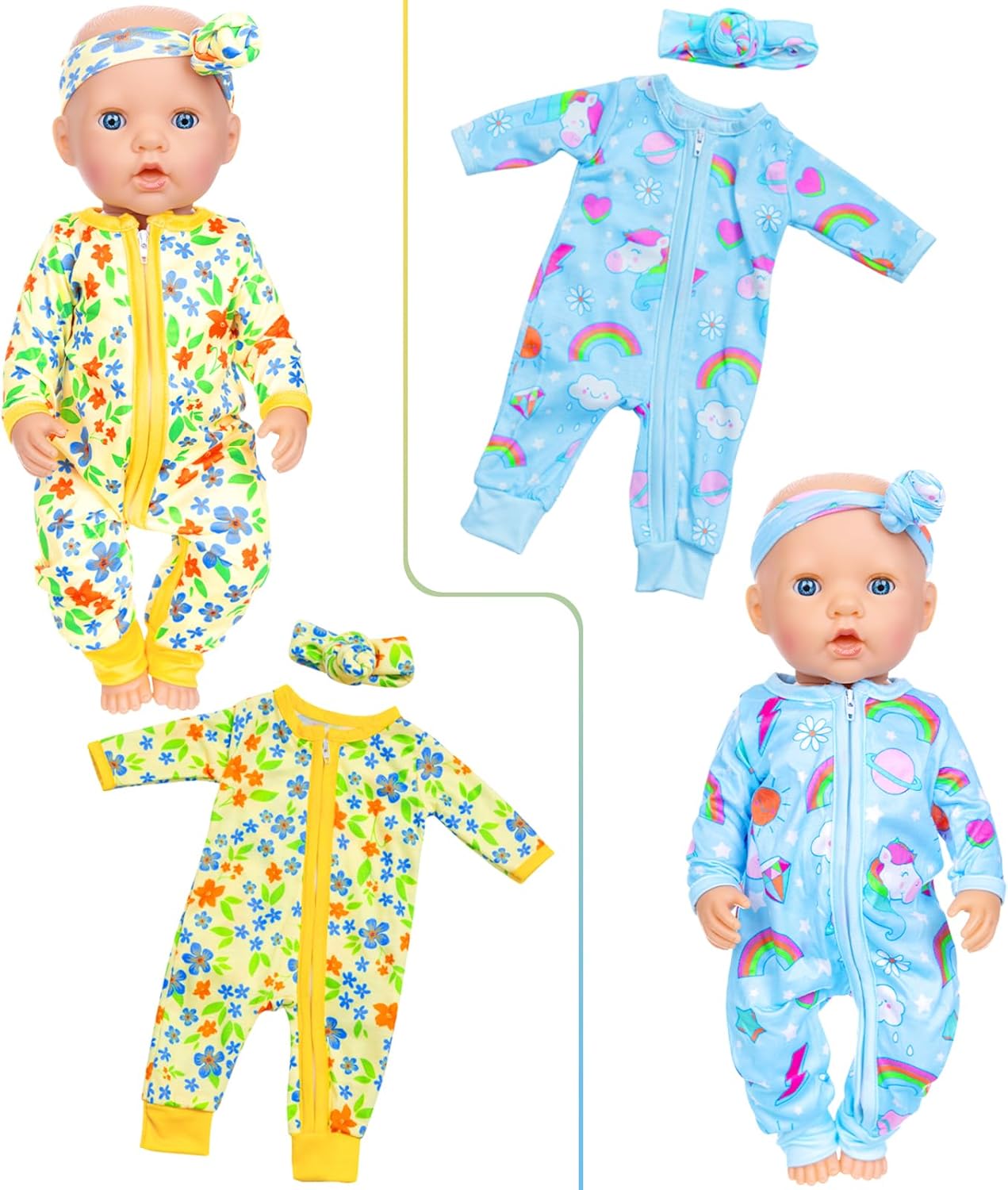 ZITA ELEMENT 5 Sets 14-18 Inch Baby Doll Clothes Outfits Casual Wear with Accessories - 10 Pcs Including Rainbow, Strawberry, Floral, Flamingo, and Butterfly Designs for 14-18 Inch Dolls