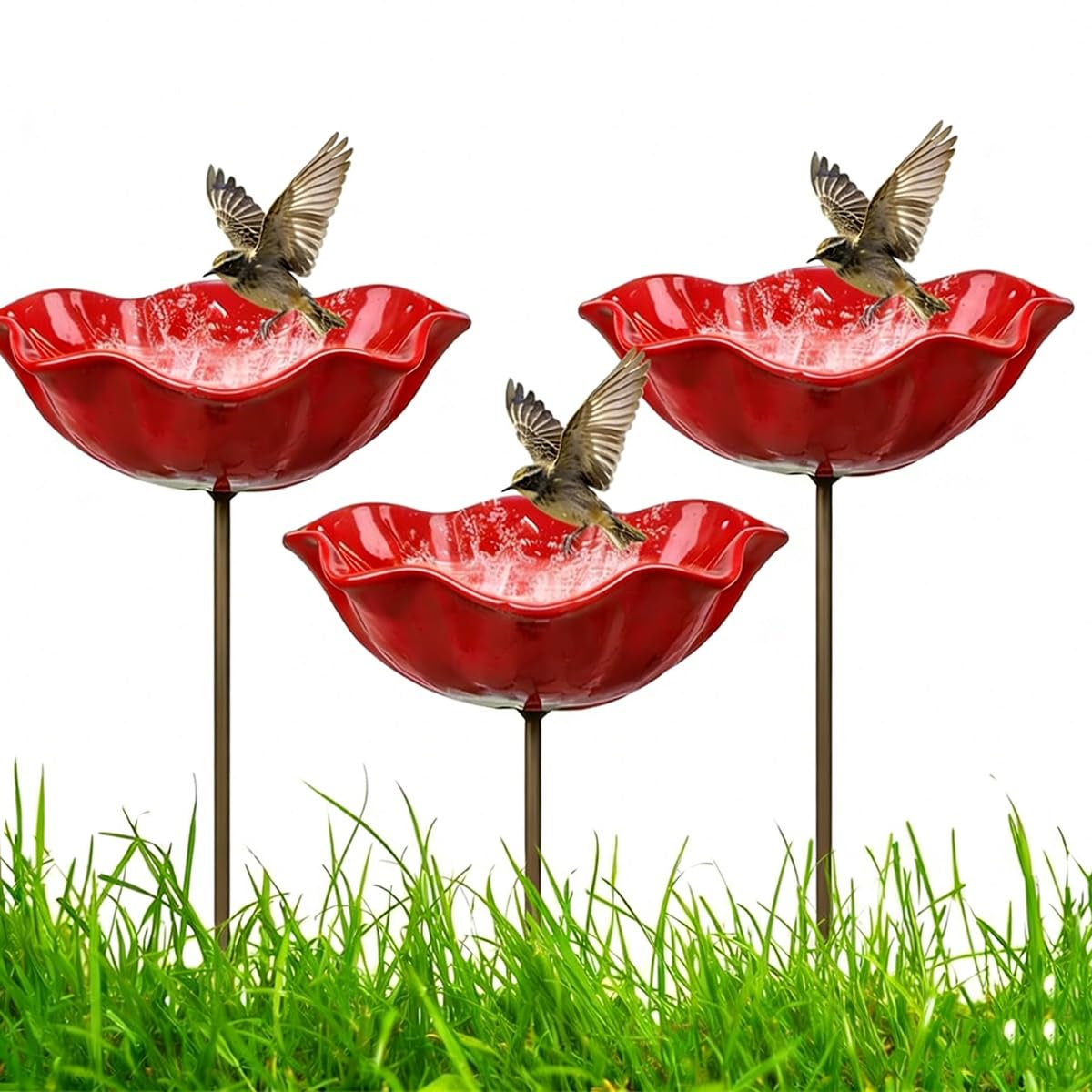 Handgefertigter Blumen-Gartenstecker aus Metall, mit Bienenbad und Vogel-Wassernapf, Bienenbad for den Garten, Bienen-Wasserspender aus Metall mit Blumendesign, bunte Schmetterlings-Bienen-(3PCS)