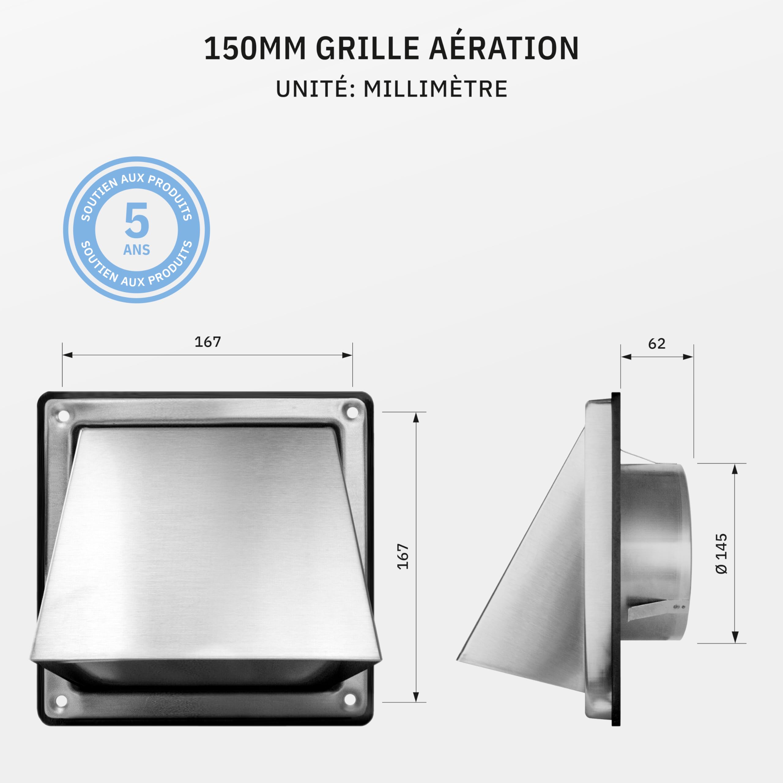 HWG Grille Ventilation 150mm, Grille Aeration Inox, Grille d'évacuation d'air, Clapet Anti-retour Intégré, Résistant aux Intempéries, Couverture de la Hotte d'aspiration Extérieure