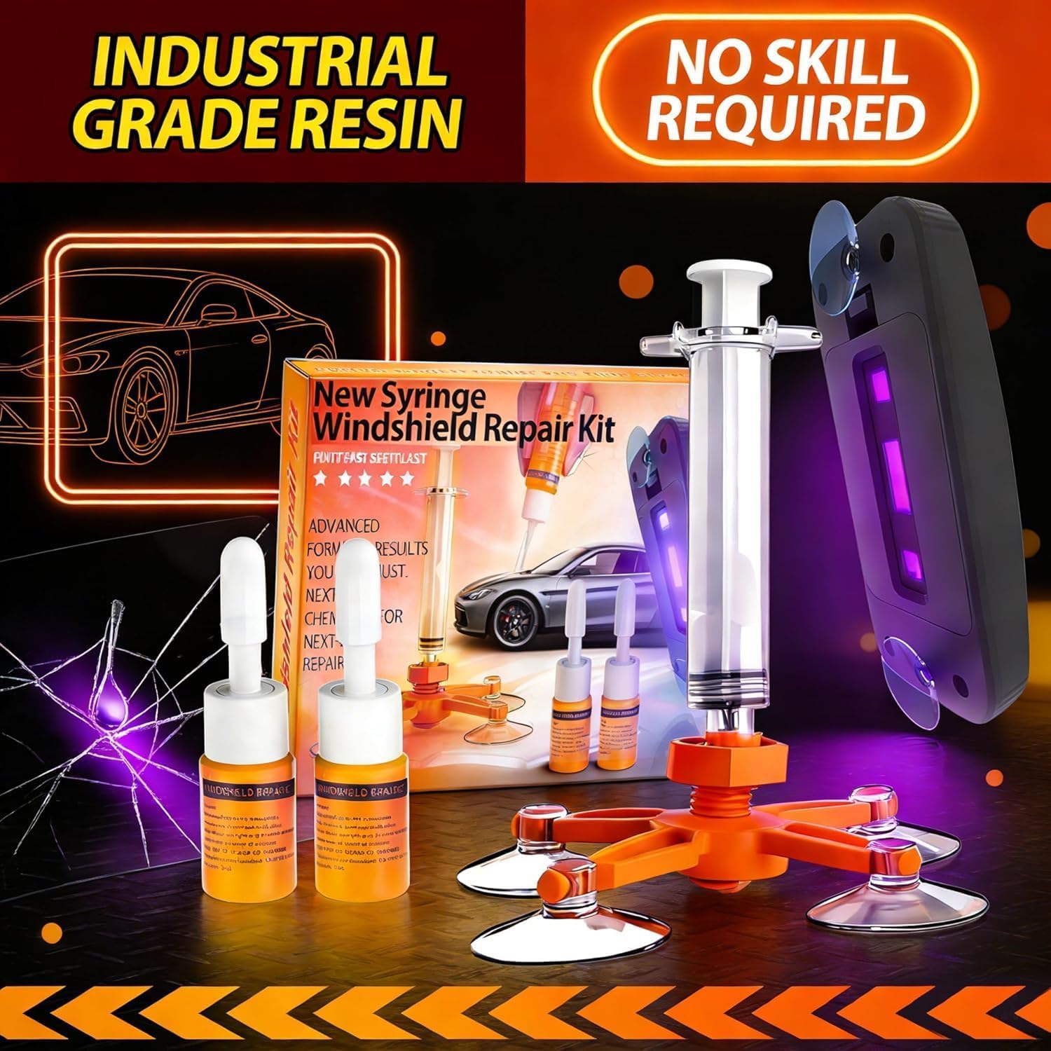 Windshield Chip Repair Kit, 2 PCS Windshield Crack Repair Kit with Suction Cup Curing Light, Car Automotive Nano Fluid Vehicle Windscreen Tool, Glass Repair Kit for Chips and Cracks（Sunset）