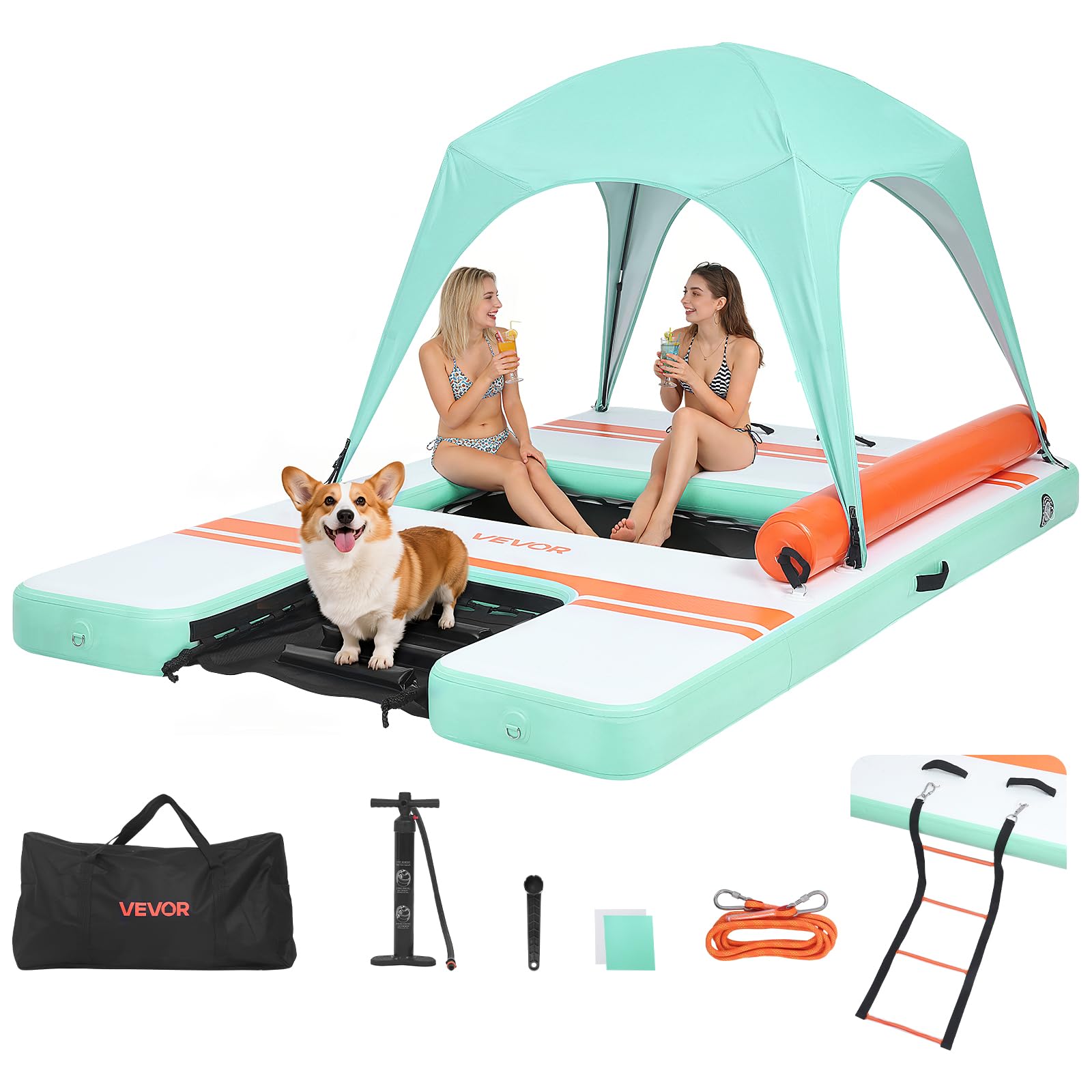 VEVOR Pontile Galleggiante Gonfiabile con Tenda Parasole 3,05 x 1,83 m da Mare Piscina, Piattaforma Galleggiante con Superficie Antiscivolo, Rampa per Cani, Isola d'Acqua per Piscina Spiaggia Mare