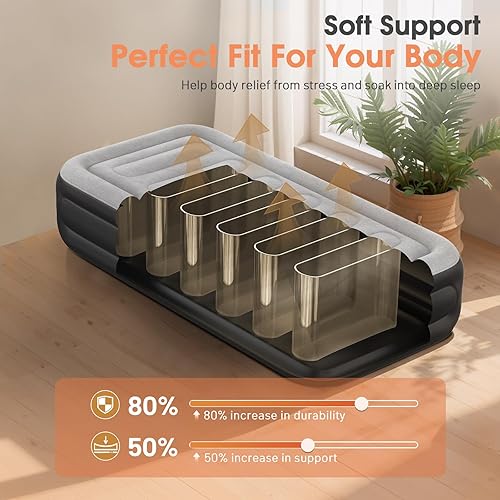 Miniatura 2 de Colchón de aire tamaño individual con bomba integrada, colchón inflable de 18 pulgadas, autoinfladodesinflado de 2 minutos, colchón inflable