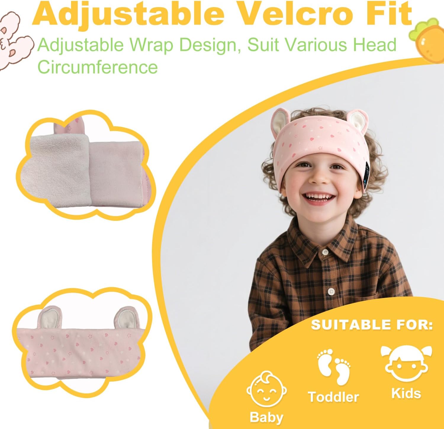 Joythink Kids Bluetooth Sleep Mask Headphones, Baby Toddler Headband Headphones with Adjustable Velcro, Wireless & USB C Wired Headphones for Boys Girls, Travel School Bedtime,Pink Bunny image 3