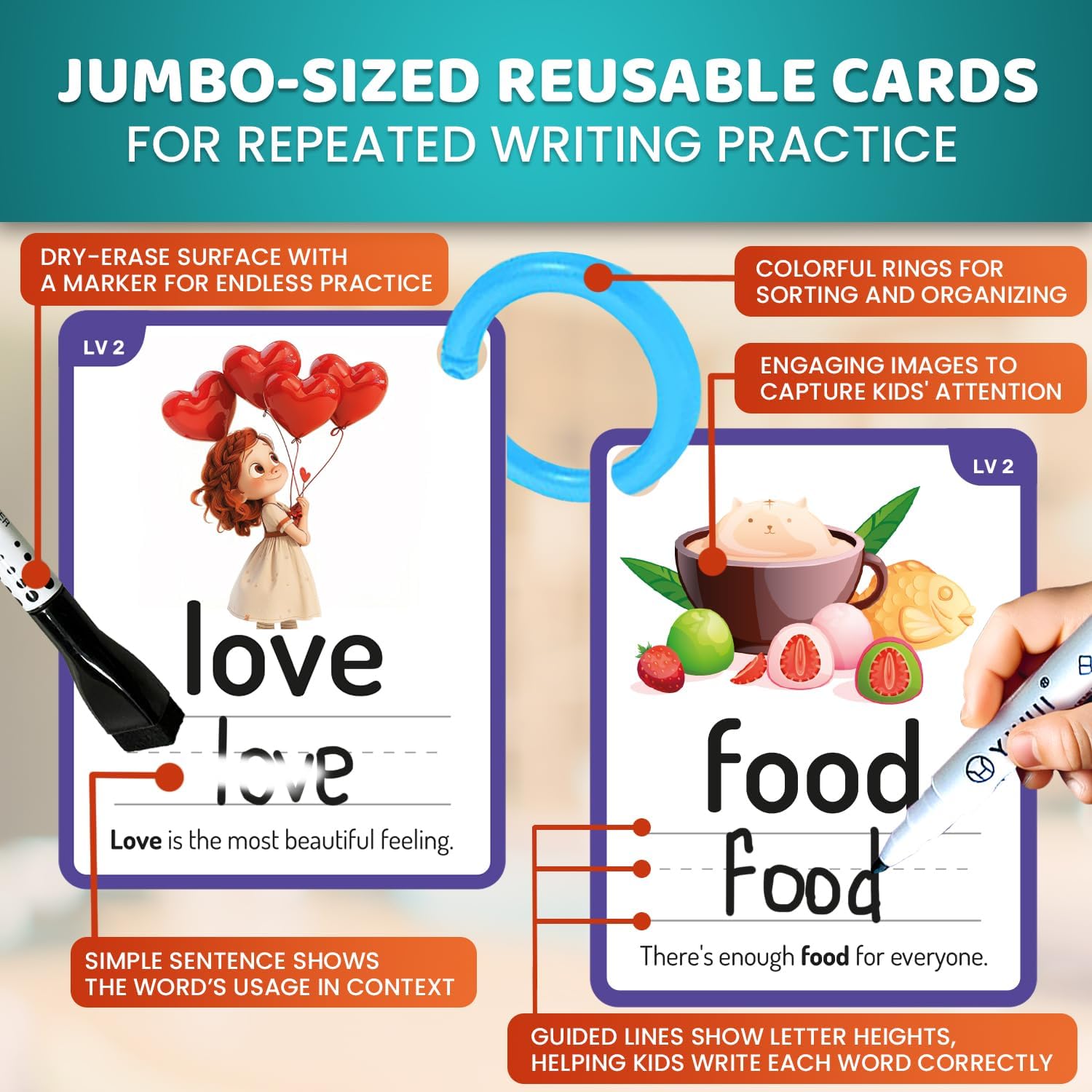 QUOKKA 520 Sight Words Flash Cards for Kids – 5 Levels from Pre-K to 3rd Grade – Bold Font & Jumbo Size & Dry Erase Color-Coded Cards with Rings for Sorting – Based on Dolch & Fry Word Lists - Image 4