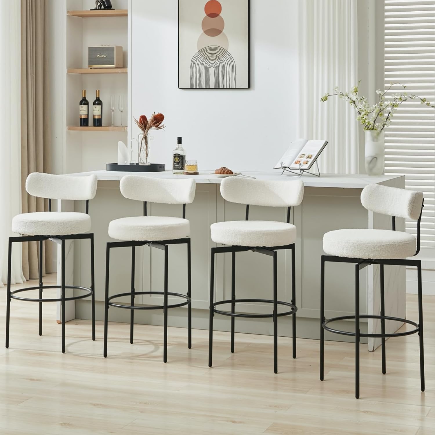 AODAILIHB Swivel Bar Stools Set of 2, Counter Height Bar Stool with Back and Metal Legs, High Top Island Chairs with Footrest, Sherpa Tall Kitchen Bar Chair Boucle White Bar Stools (White, Set of 2)