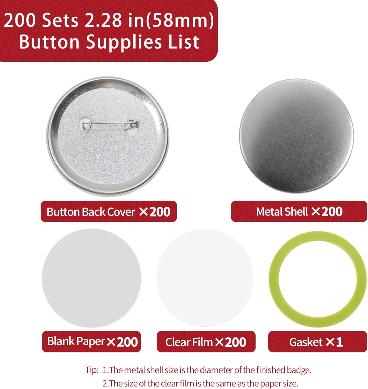 200 Sets Button Maker Supplies, 58mm / 2.28 inch Button Supplies Buttons Parts, (Approx. 2.25 inch) Metal Blank Badge Parts with Blank Paper for Buttons Maker Machine Pin Maker Press 2.28 in/58mm