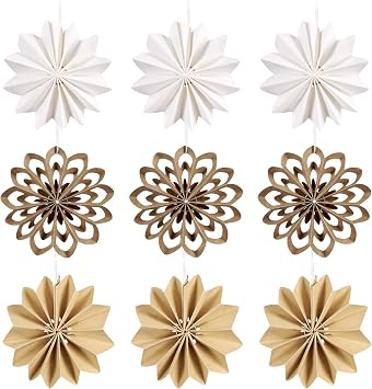 9PCS Mini Christmas Paper Ornaments - Brown Wood White Snowflake Ornaments, Christma Hanging Paper Fans Decorations for Christmas Tree Xmas Party Home Decor