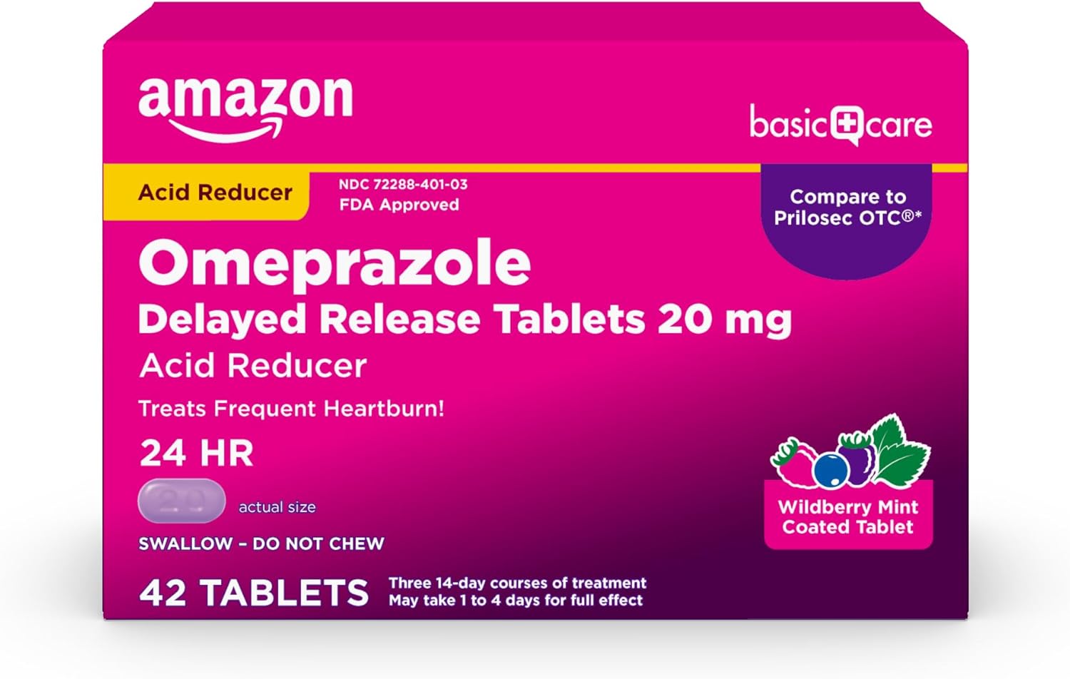 Exp. 05/26”Amazon Basic Care Omeprazole Delayed Release Tablets 20 mg, Acid Reducer, Wildberry Mint Coated Tablet, Heartburn Medicine, 42 Count
