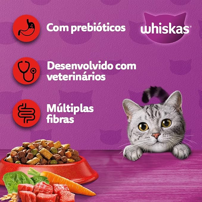 Composição da ração Whiskas com prebióticos, desenvolvida com veterinários e múltiplas fibras