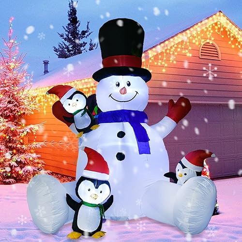 Miniatura 7 de 7Ft Lighted Christmas Inflatable Snowman with Three Cute Penguins Build-in LED Lights, Holiday Blow up Outdoor Yard Decoration