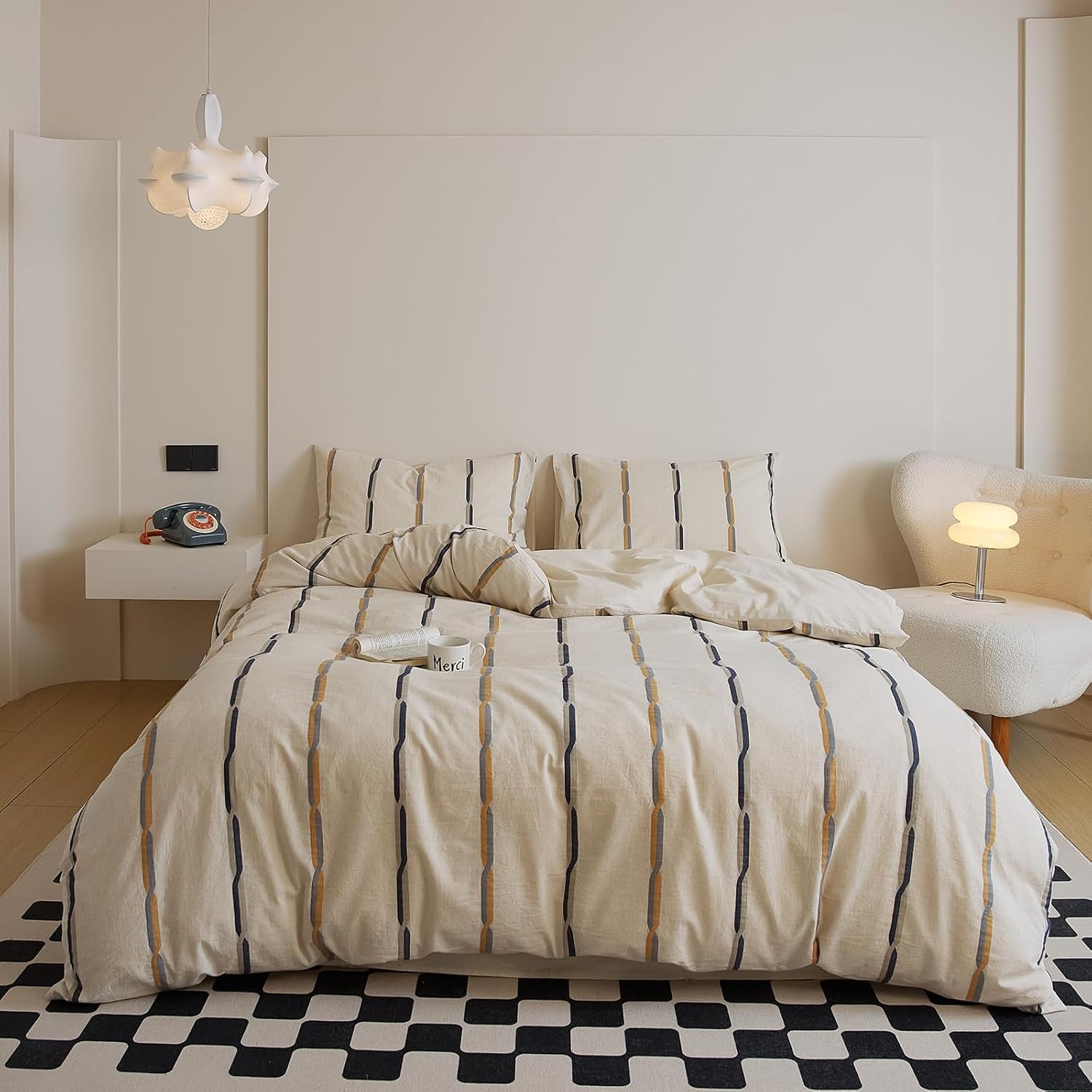 VM VOUGEMARKET Black Orange Striped Duvet Cover Set Yarn-Dyed Cotton Linen Like Textured Bedding Set Jacquard Stripes Duvet Cover with 2 Pillowcase-Queen,90"x90"