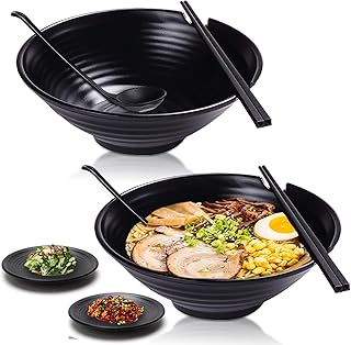 Vivimee Unbreakable Japanese Style Ramen Bowl Set of 2, 37oz Black Large Matte Melamine Bowls and Spoons Set with Chopsticks & Saucers for Pho Thai Miso Udon Soup Noodles or Asian Food