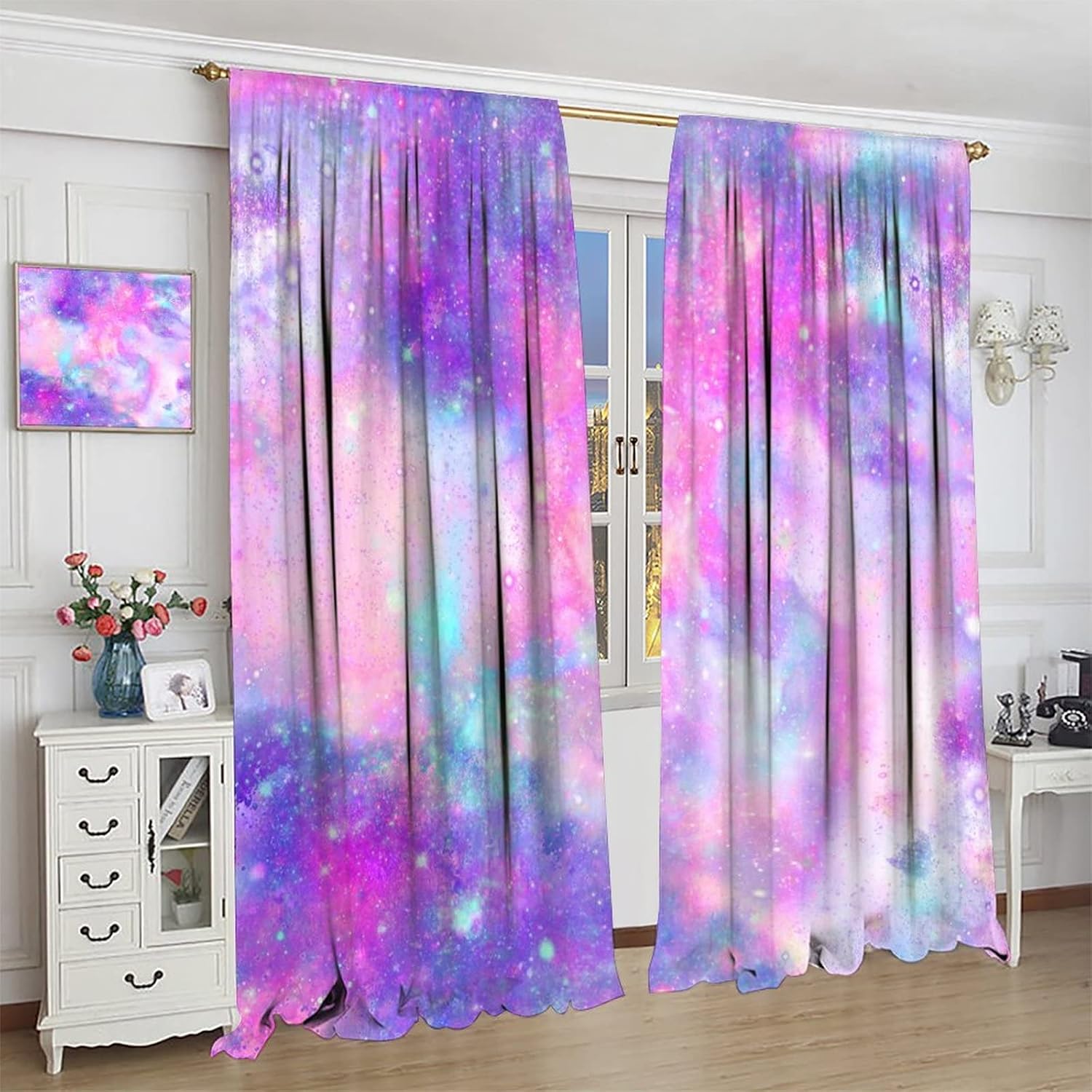 Galaxy Blackout Curtains Romantic Dreamy Pink Purple Art Print for Girls Bedroom Living Room Kitchen Decor Rod Pocket Window Drapes 2 Panels 42x45in