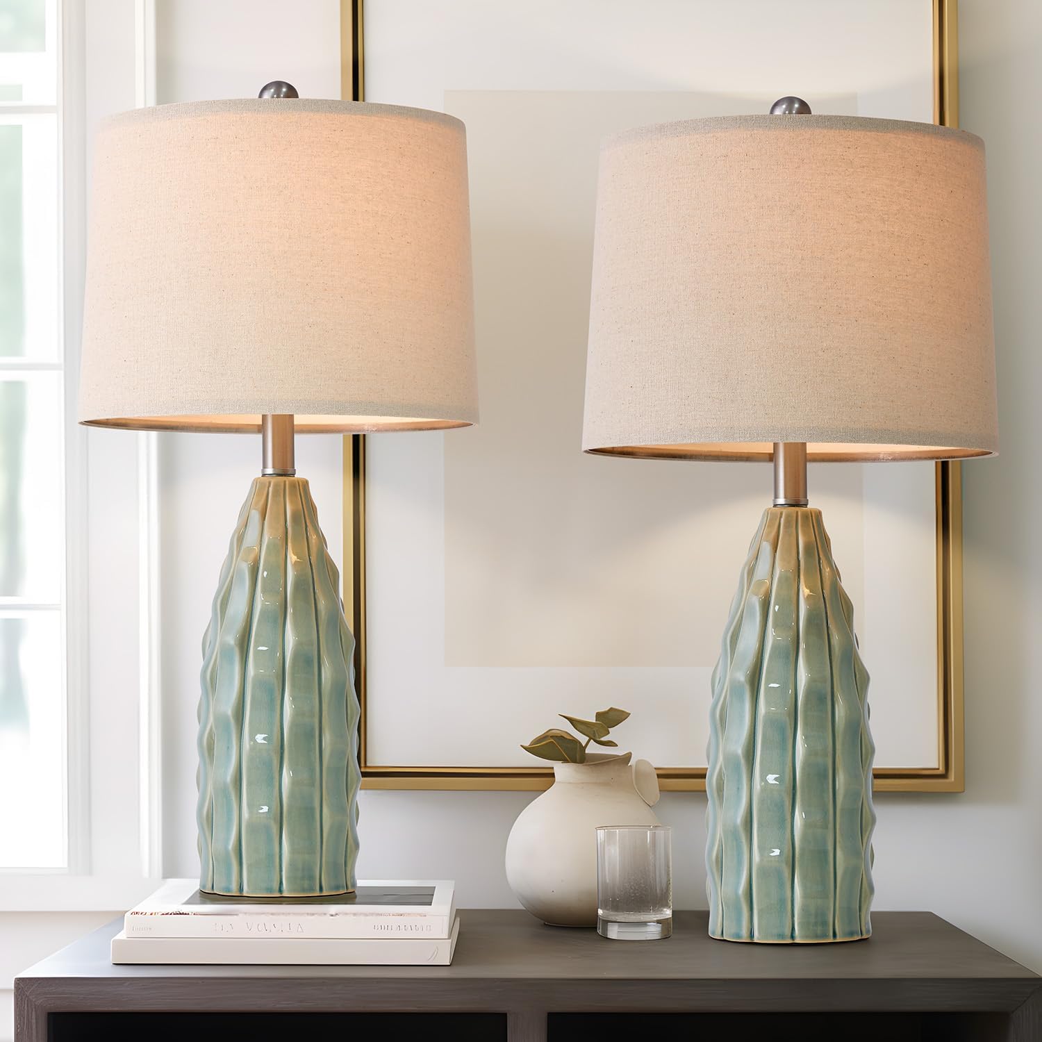 Ceramic Table Lamps Set of 2, 23.75" Modern Farmhouse Bedside Lamp - Green Nightstand Lamps for Bedroom, Boho Living Room End Tables, Small Office Desk Lamp Decor
