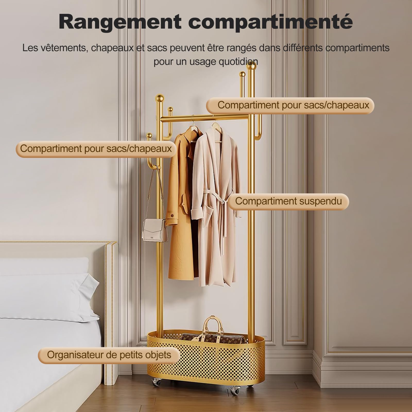 Ergocar Portemanteau, Un Porte-Chapeau Pour Veste Avec Panier, Design Multifonctionnel. Il Peut Se Déplacer De Manière Stable à 360 °, Adapté Pour Être Placé Dans Le Lit, Le Salon Et Le Porche