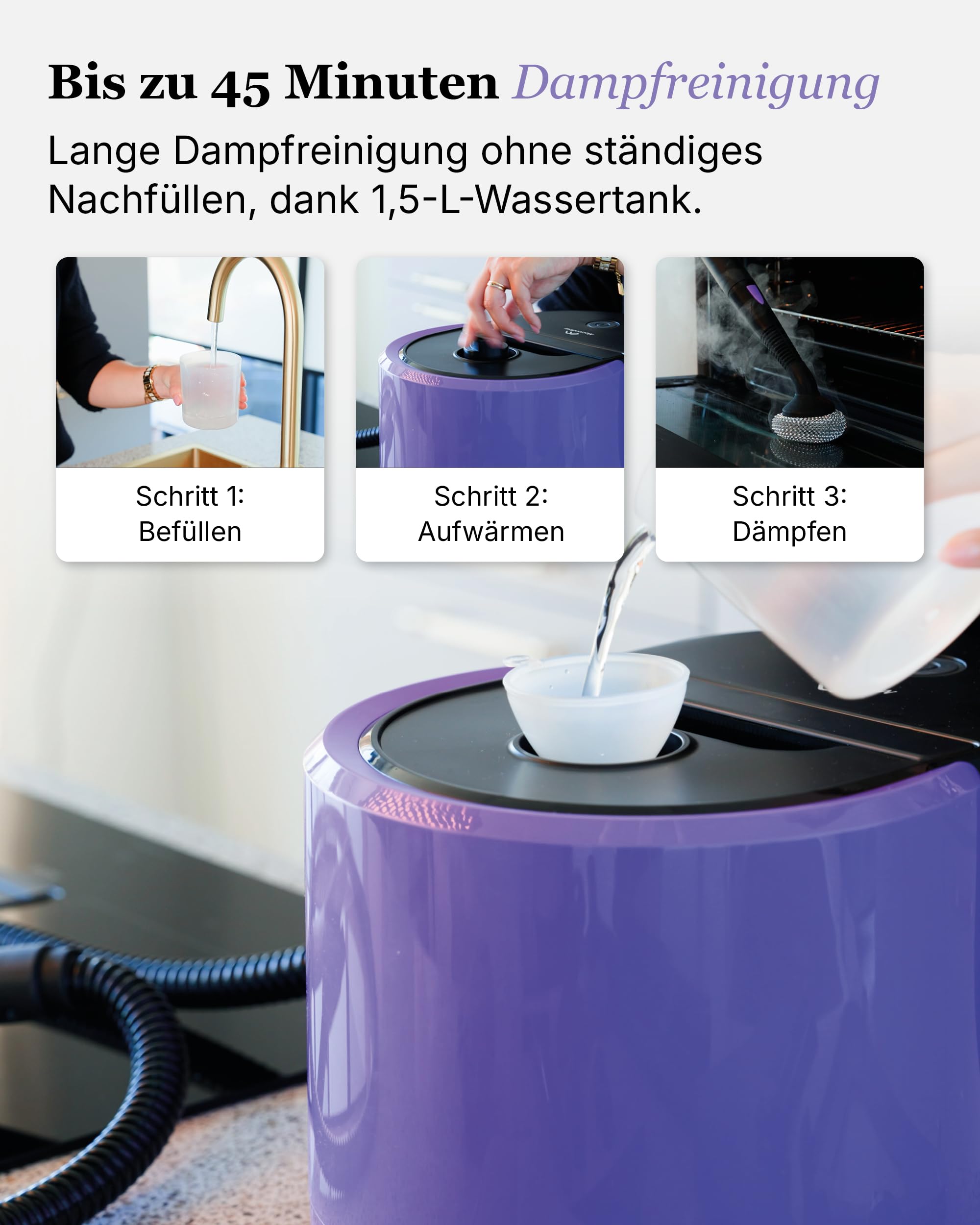 Motionflow PRO Dampfreiniger für alles - 1500W Hochdruck Steam Cleaner mit Edelstahlboiler für Polster, Teppiche, Armaturen und Böden – Dampfbürste mit 13 Aufsätzen, 45 Min Laufzeit, 100°C Dampf