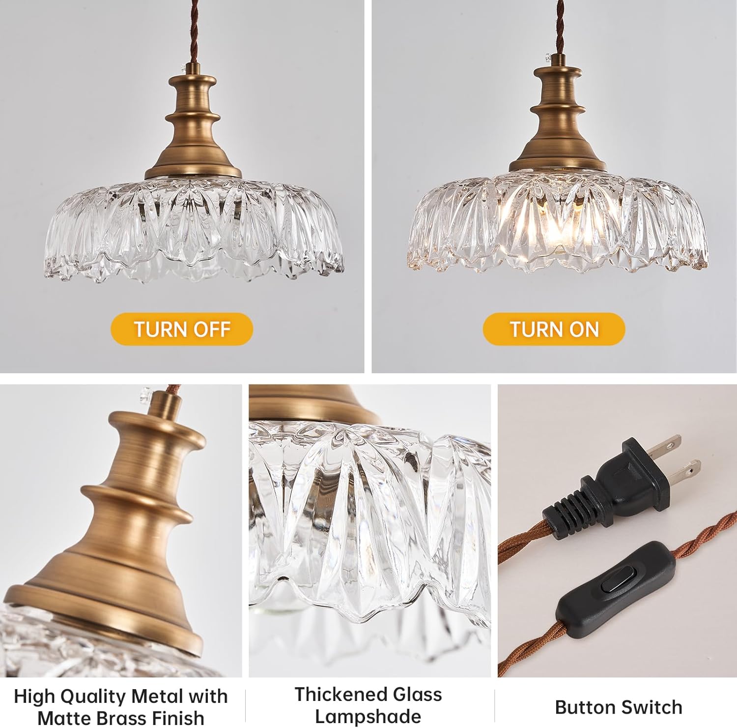 HDDFL Plug in Pendant Light Fixture Vintage Pendant Lighting Fixtures with Plug in Cord Hanging Light Kitchen Glass Hanging Lamp with Switch for Island Dining Table Living Room