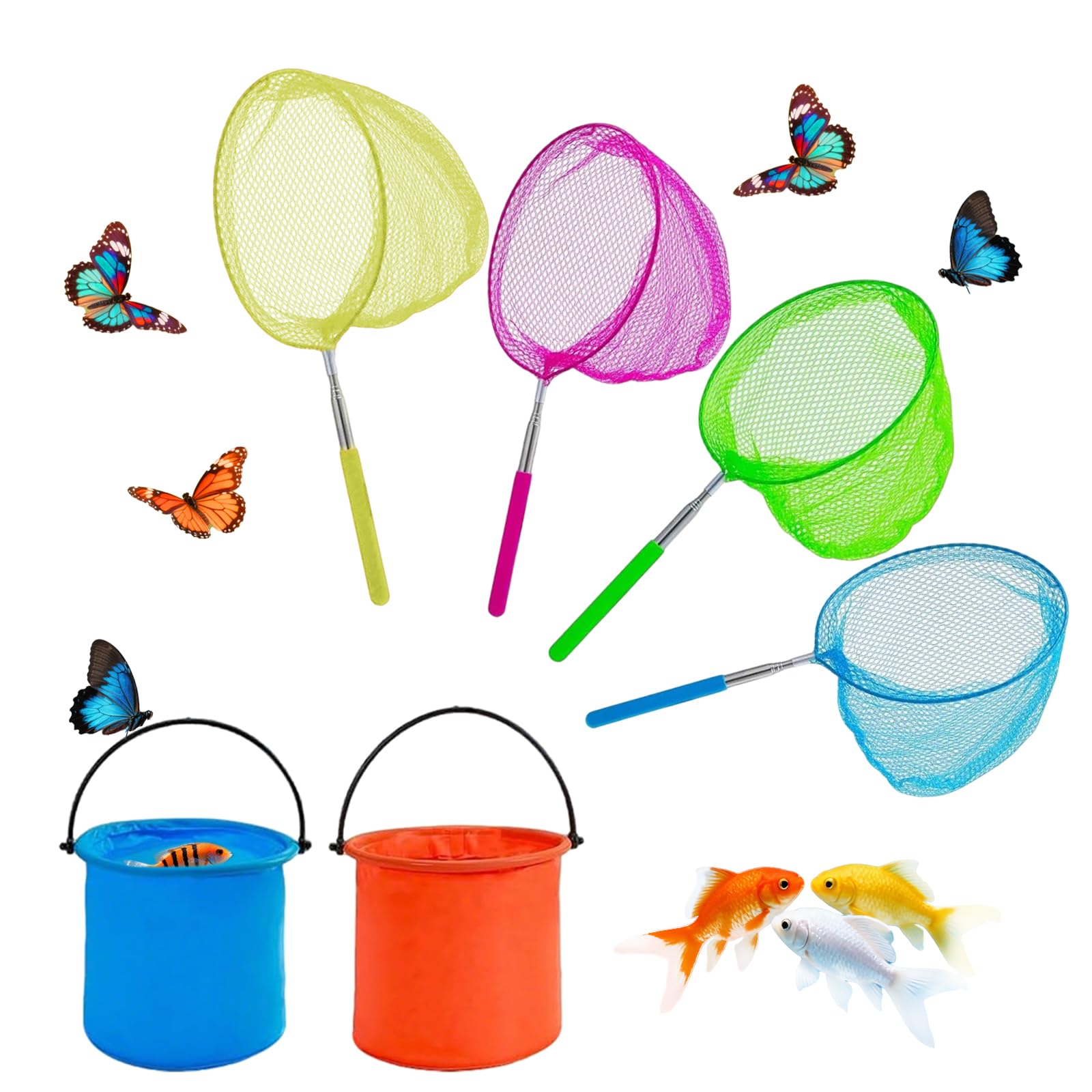 Sythrix 4 Pcs Fishing Net with 2 Foldable Water Buckets Set,Butterfly Fishing Nets Telescopic Fishing Net for Catching Fish Crab Butterfly Playing Beach Ponds Pool Outdoor