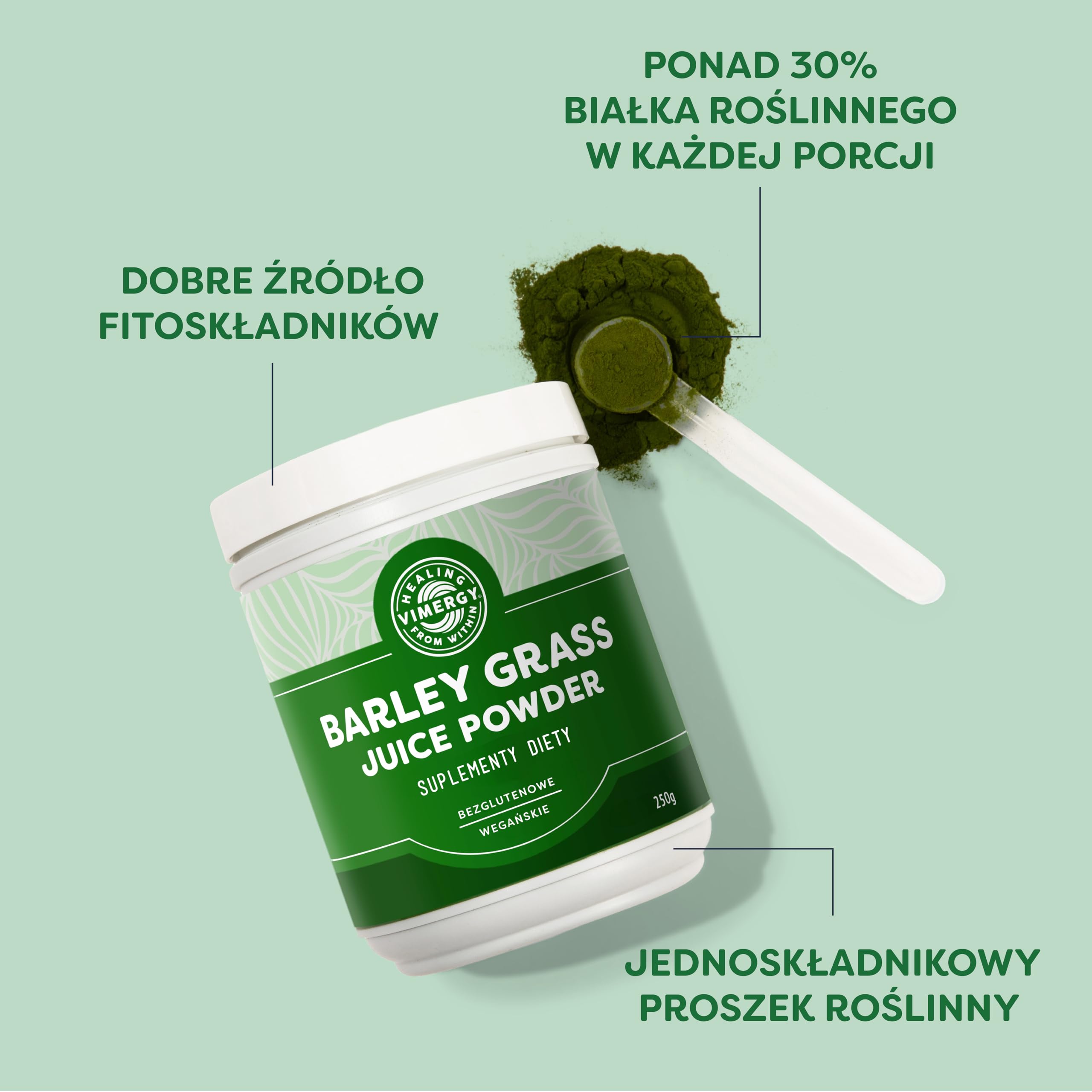 Vimergy Sok z Trawy Jęczmiennej w Proszku, 31 Porcji – Sok z Trawy Jęczmiennej Super Greens – Wegański Suplement – Bez Antyzbrylaczy, Wypełniaczy, Aromatów i Cukru – Bez GMO i Bezglutenowy (250 g)
